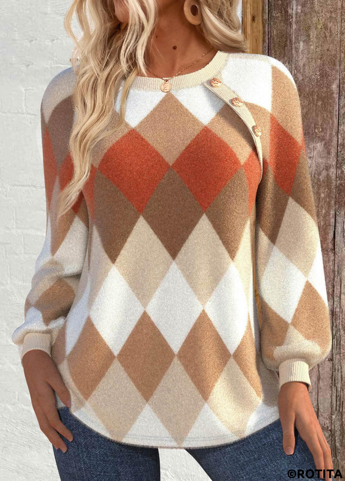 sweat-shirt col rond camel clair à imprimé patchwork argyle rotita