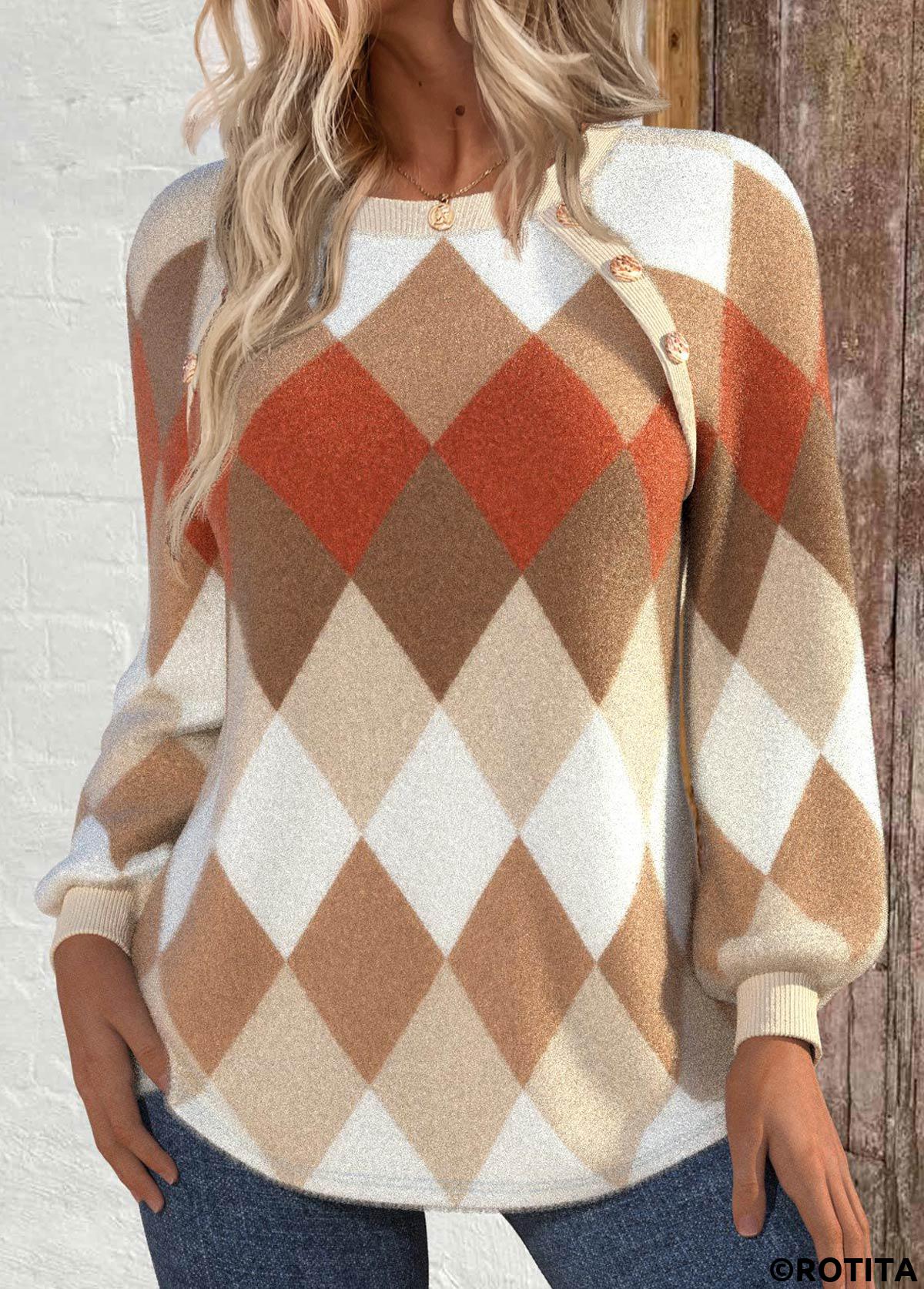 sweat-shirt col rond camel clair à imprimé patchwork argyle rotita