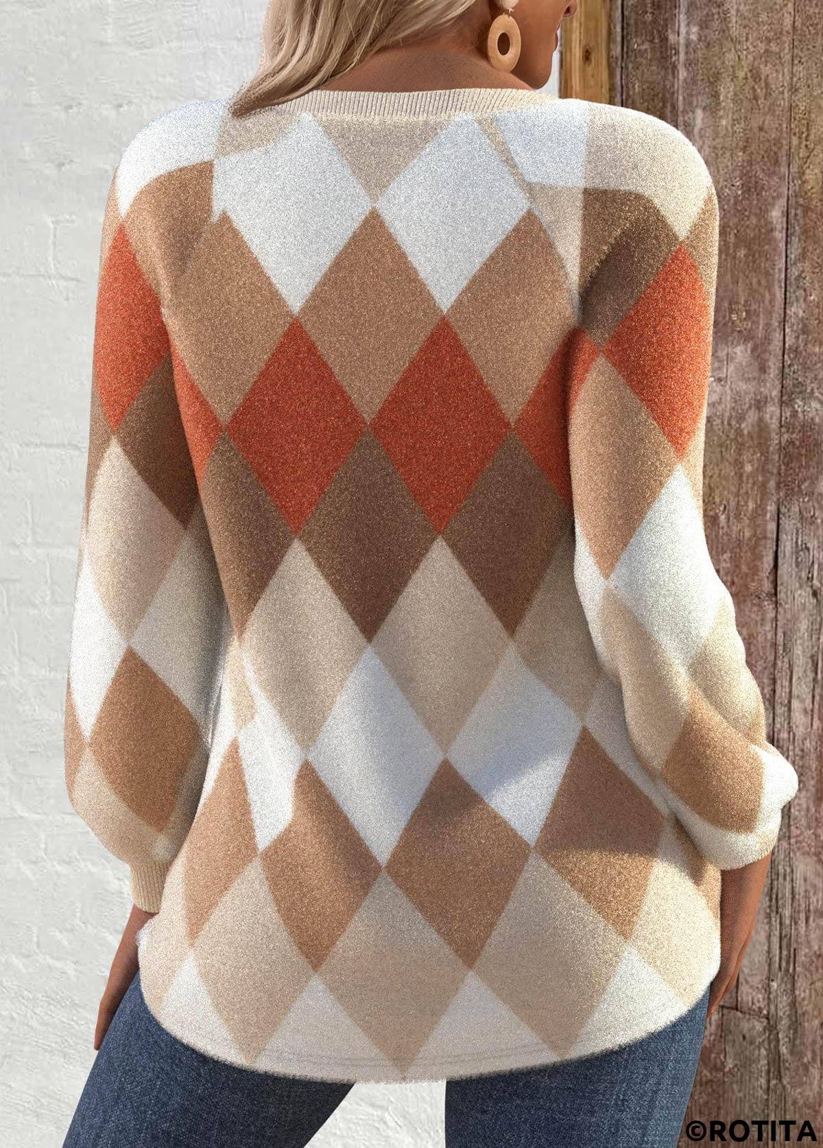 sweat-shirt col rond camel clair à imprimé patchwork argyle rotita