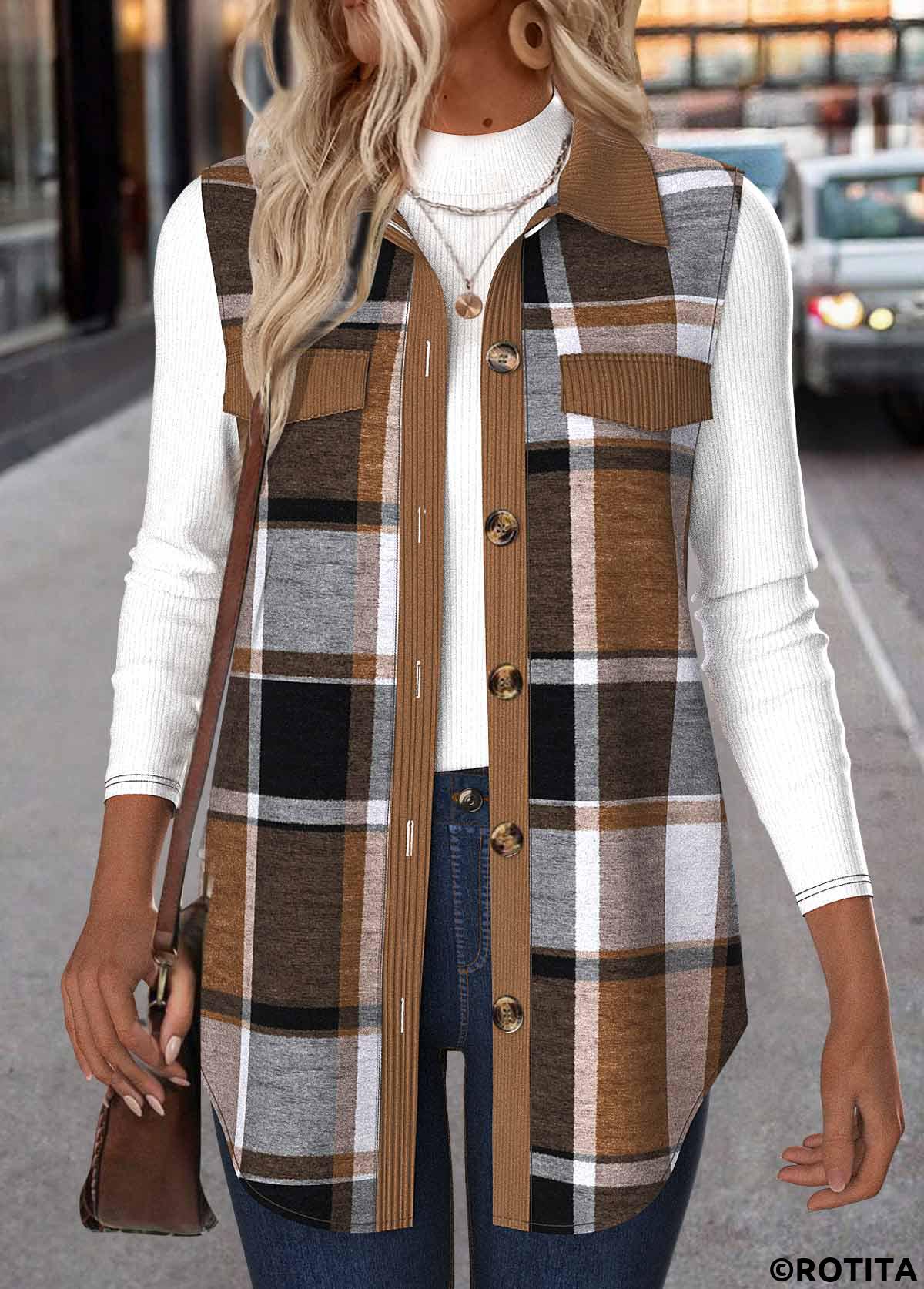 Dark Coffee tops,Plaid tops,ROTITA Patchwork Plaid Dark Coffee Shirt Collar Sleeveless Waistcoat