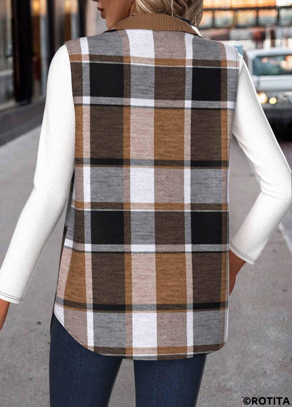 Dark Coffee tops,Plaid tops,ROTITA Patchwork Plaid Dark Coffee Shirt Collar Sleeveless Waistcoat