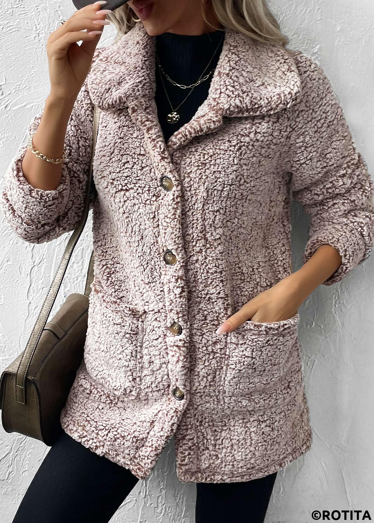 Gray Brown tops,Plain Color tops,Button Gray Brown Turn Down Collar Long Sleeve Coat