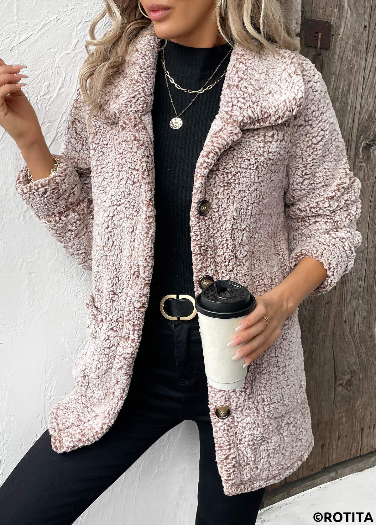 Gray Brown tops,Plain Color tops,Button Gray Brown Turn Down Collar Long Sleeve Coat