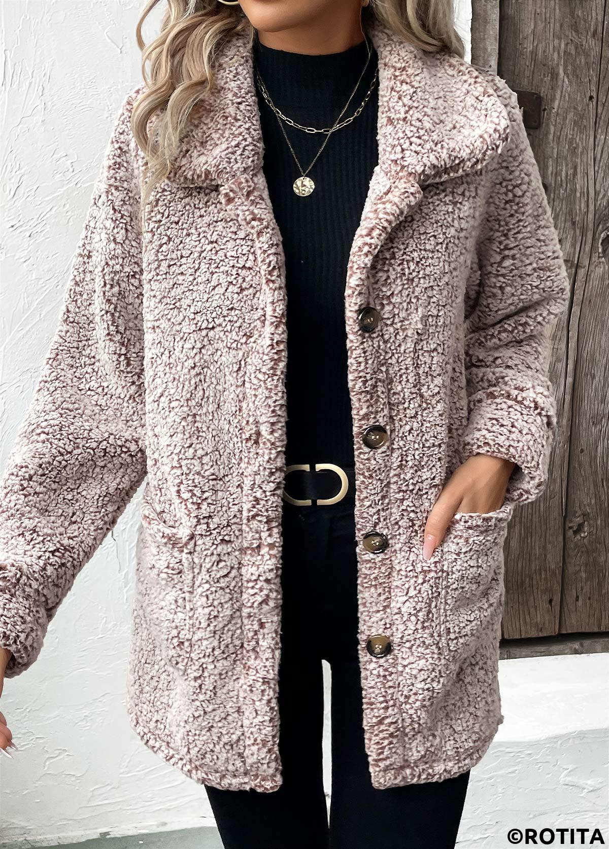 Gray Brown tops,Plain Color tops,Button Gray Brown Turn Down Collar Long Sleeve Coat