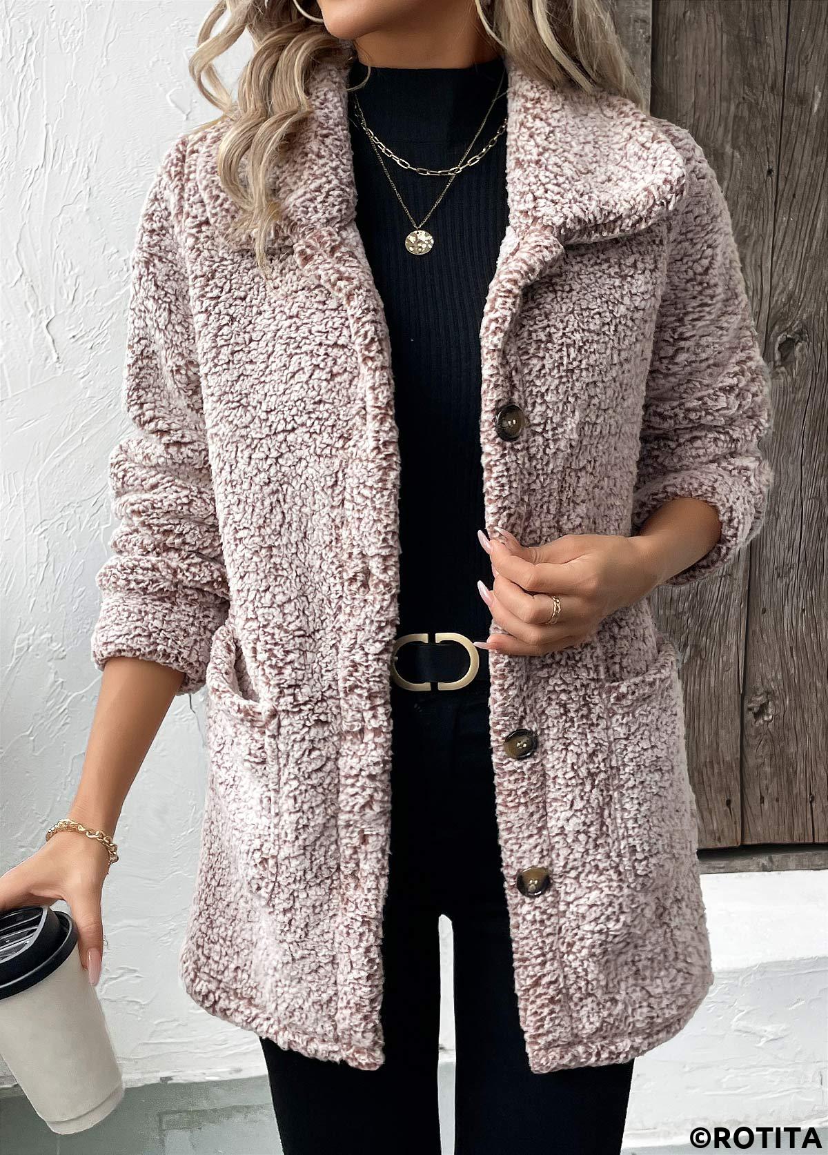 Gray Brown tops,Plain Color tops,Button Gray Brown Turn Down Collar Long Sleeve Coat