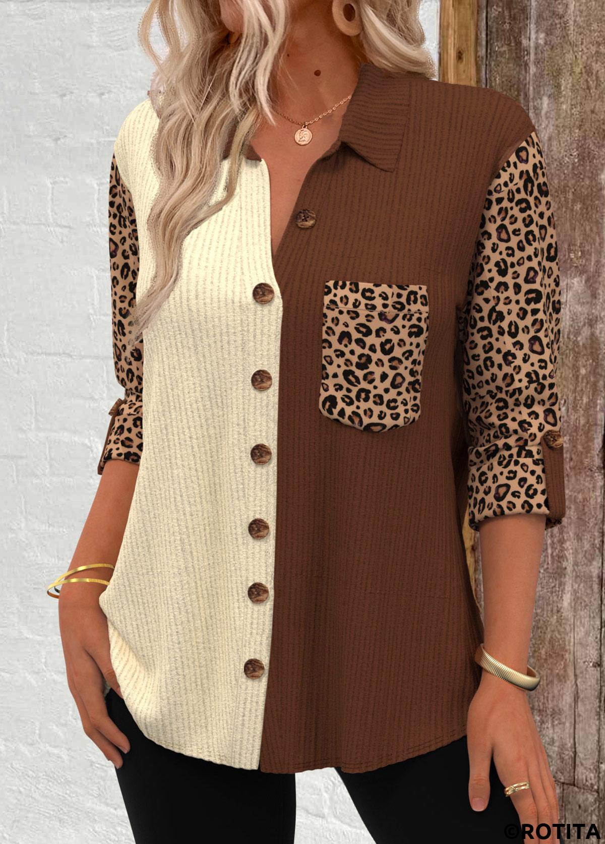 Dark Camel tops,Leopard tops,ROTITA Patchwork Leopard Dark Camel Long Sleeve Corduroy Shirt