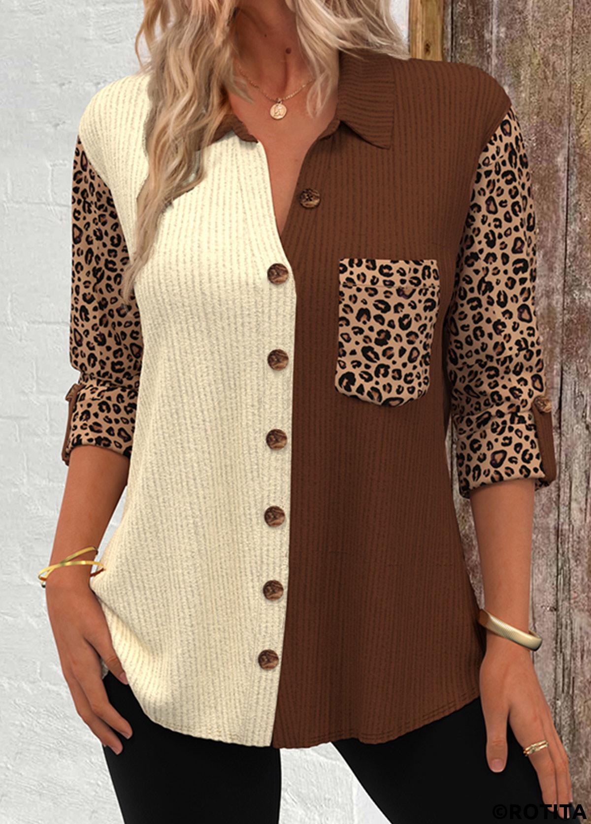 Dark Camel tops,Leopard tops,ROTITA Patchwork Leopard Dark Camel Long Sleeve Corduroy Shirt