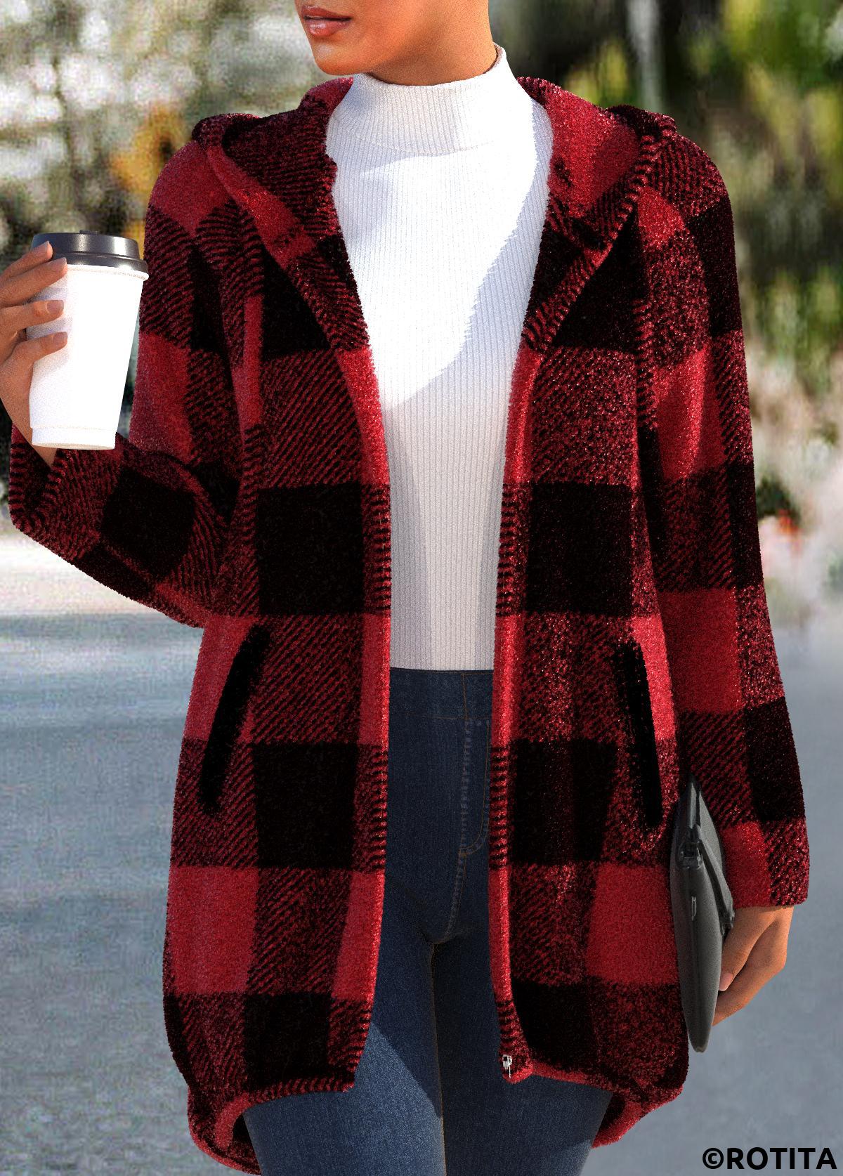 Red tops,Plaid tops,ROTITA Plaid Red Hooded Long Sleeve Coat