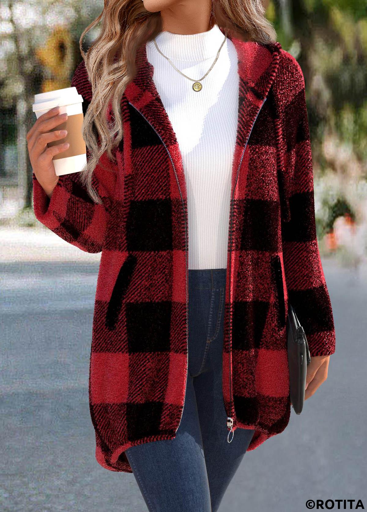 Red tops,Plaid tops,ROTITA Plaid Red Hooded Long Sleeve Coat
