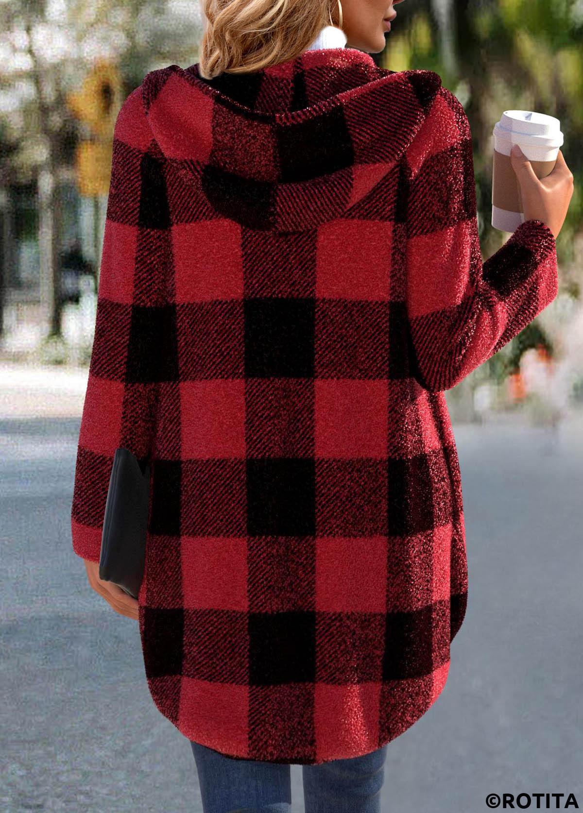 Red tops,Plaid tops,ROTITA Plaid Red Hooded Long Sleeve Coat