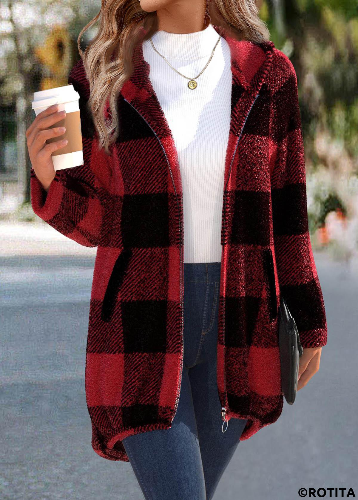 Red tops,Plaid tops,ROTITA Plaid Red Hooded Long Sleeve Coat