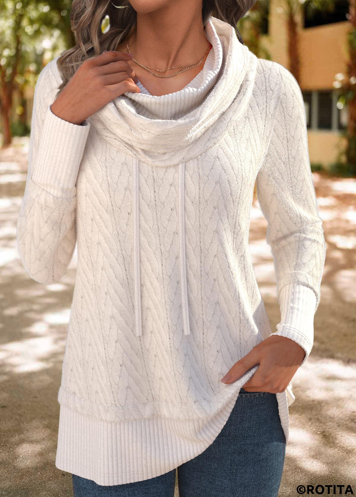 White tops,Plain Color tops,ROTITA Patchwork White Cowl Neck Long Sleeve Sweatshirt