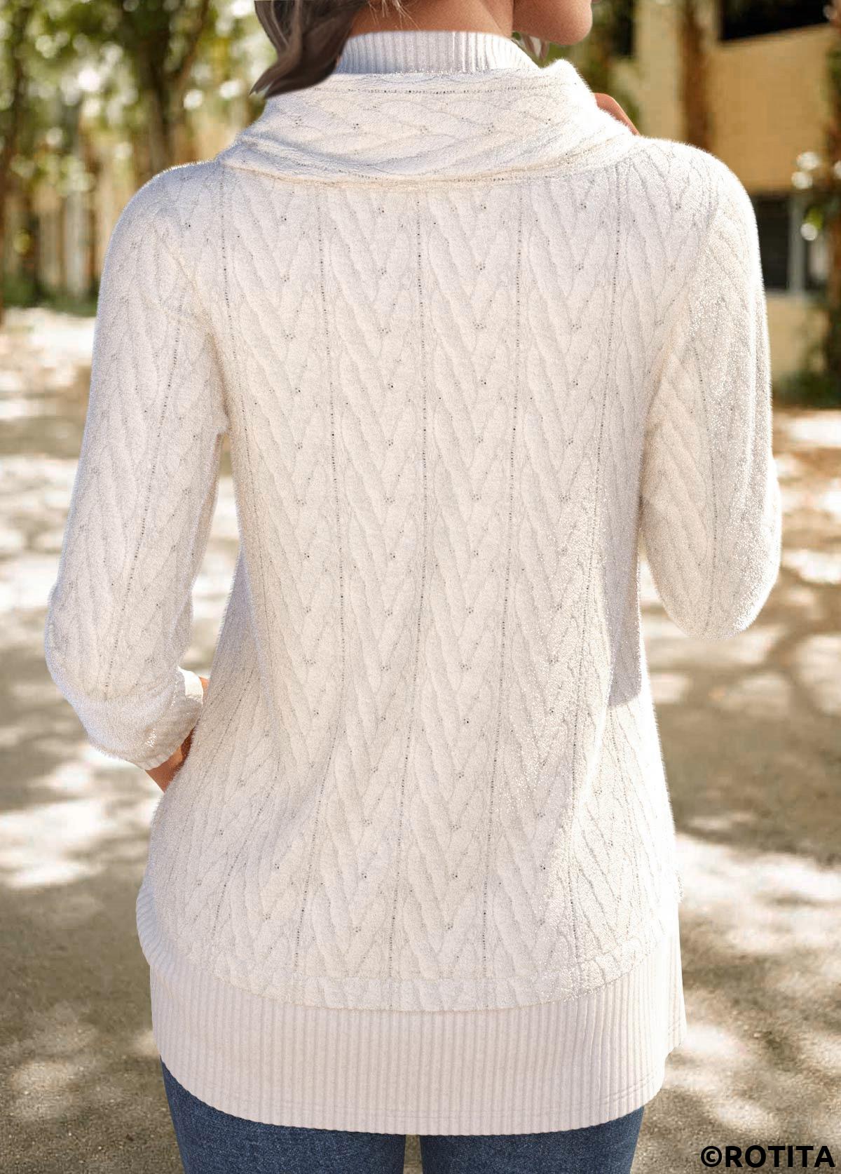 White tops,Plain Color tops,ROTITA Patchwork White Cowl Neck Long Sleeve Sweatshirt
