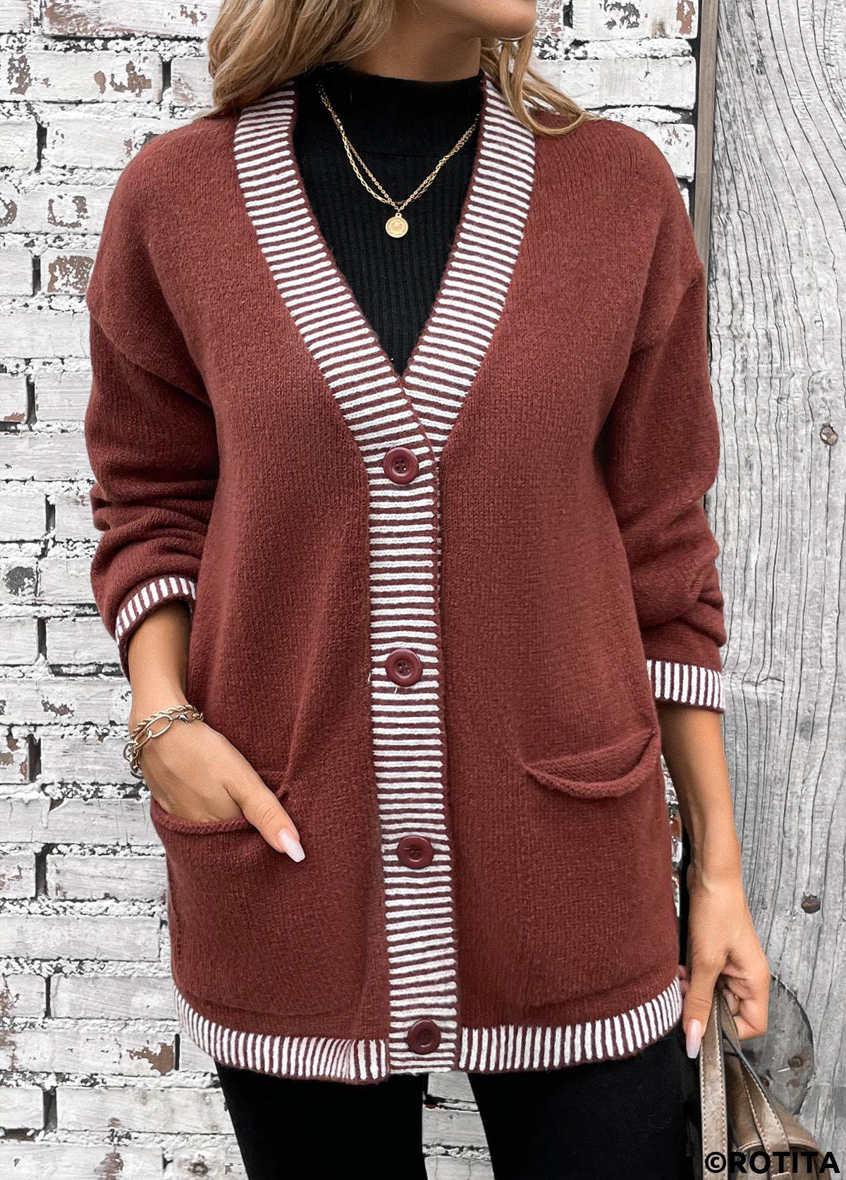 Dark Coffee tops,Striped tops,Geometric tops,Patchwork Striped Dark Coffee Long Sleeve Cardigan