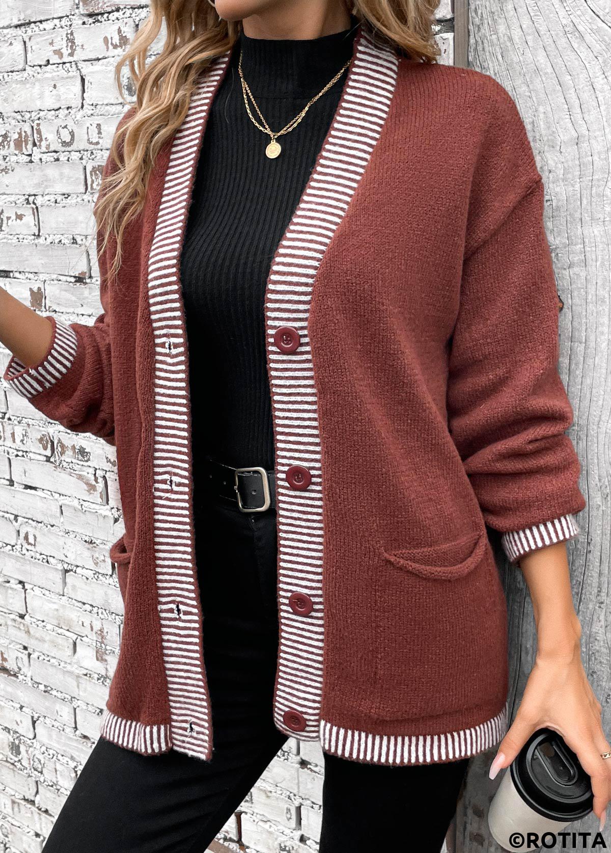 Dark Coffee tops,Striped tops,Geometric tops,Patchwork Striped Dark Coffee Long Sleeve Cardigan