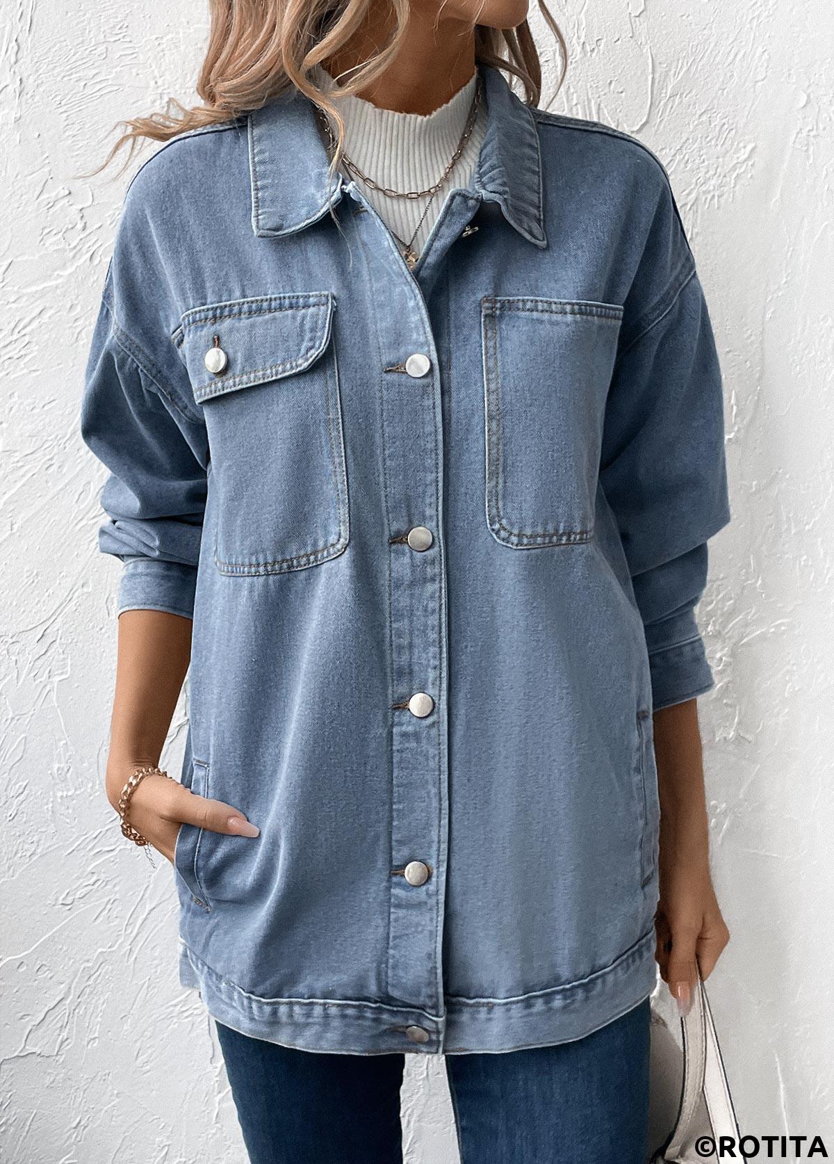 Denim Blue tops,Plain Color tops,Button Denim Blue Turn Down Collar Long Sleeve Coat