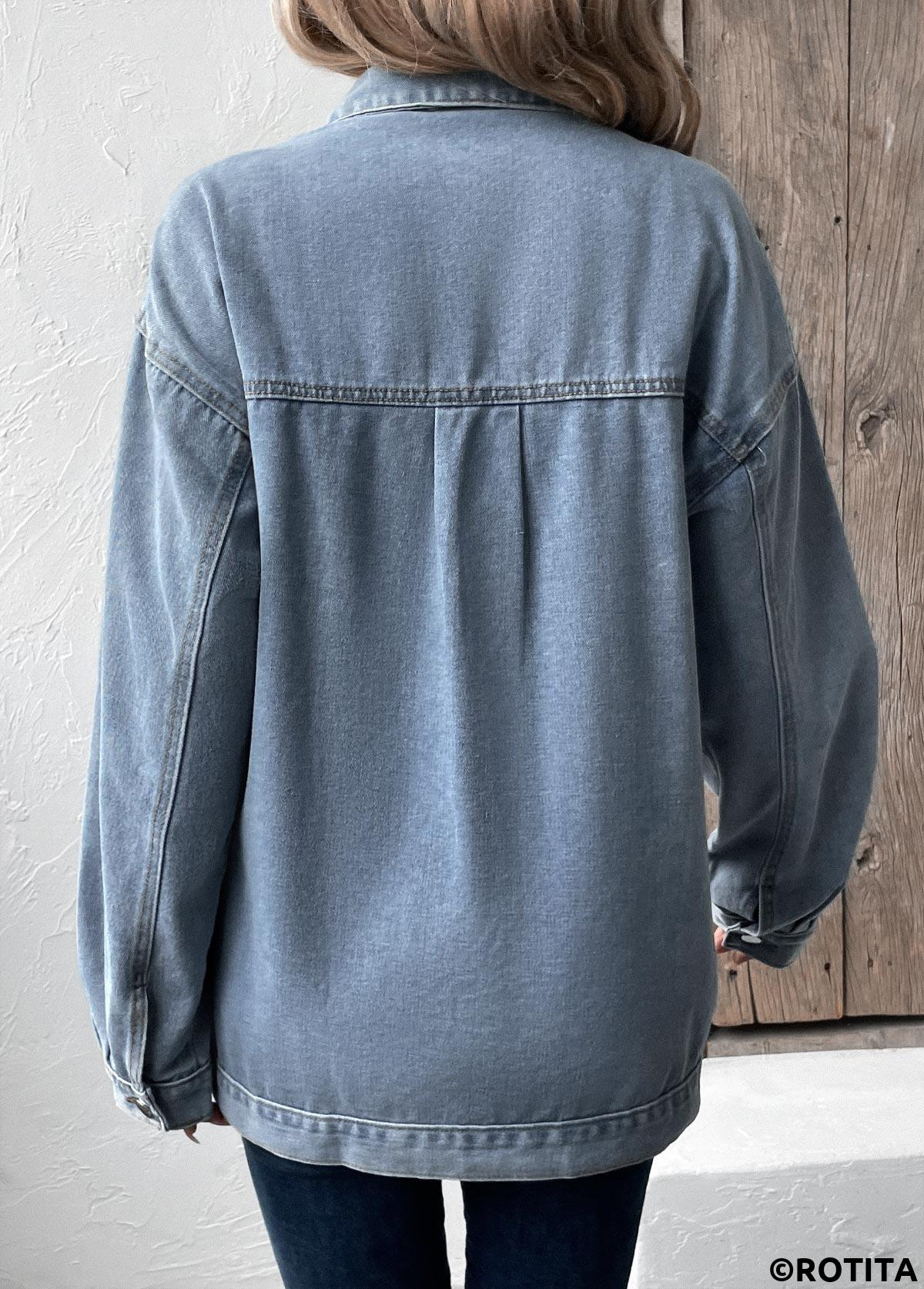 Denim Blue tops,Plain Color tops,Button Denim Blue Turn Down Collar Long Sleeve Coat