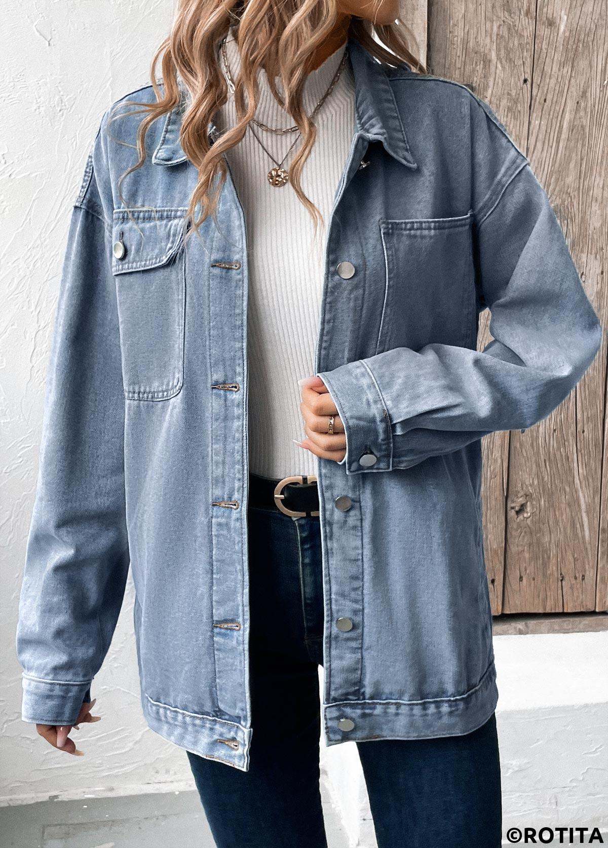 Denim Blue tops,Plain Color tops,Button Denim Blue Turn Down Collar Long Sleeve Coat
