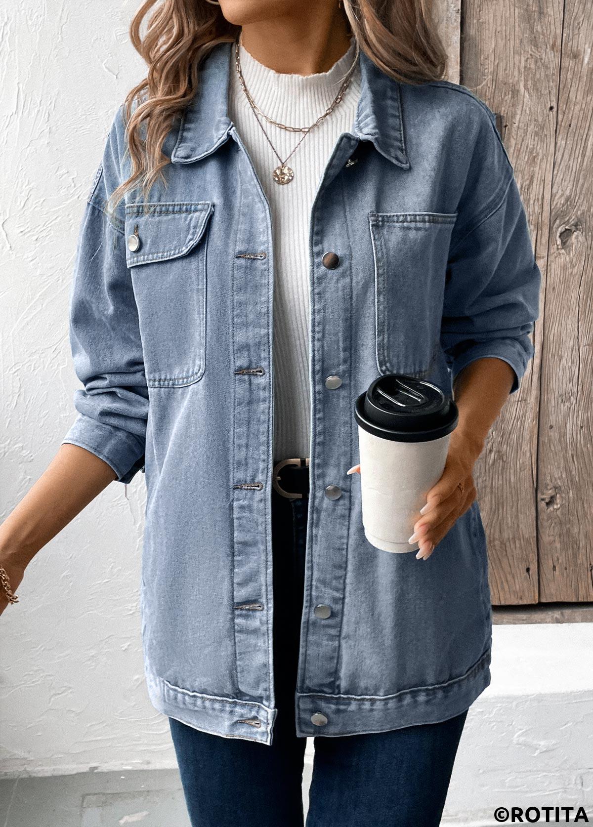 Denim Blue tops,Plain Color tops,Button Denim Blue Turn Down Collar Long Sleeve Coat