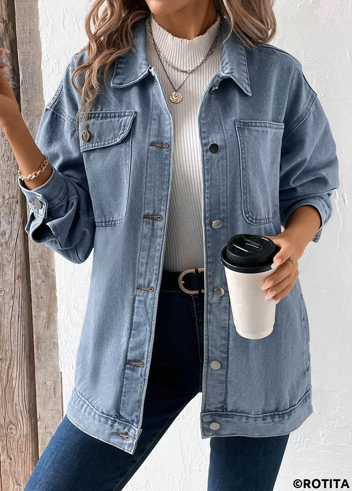 Denim Blue tops,Plain Color tops,Button Denim Blue Turn Down Collar Long Sleeve Coat