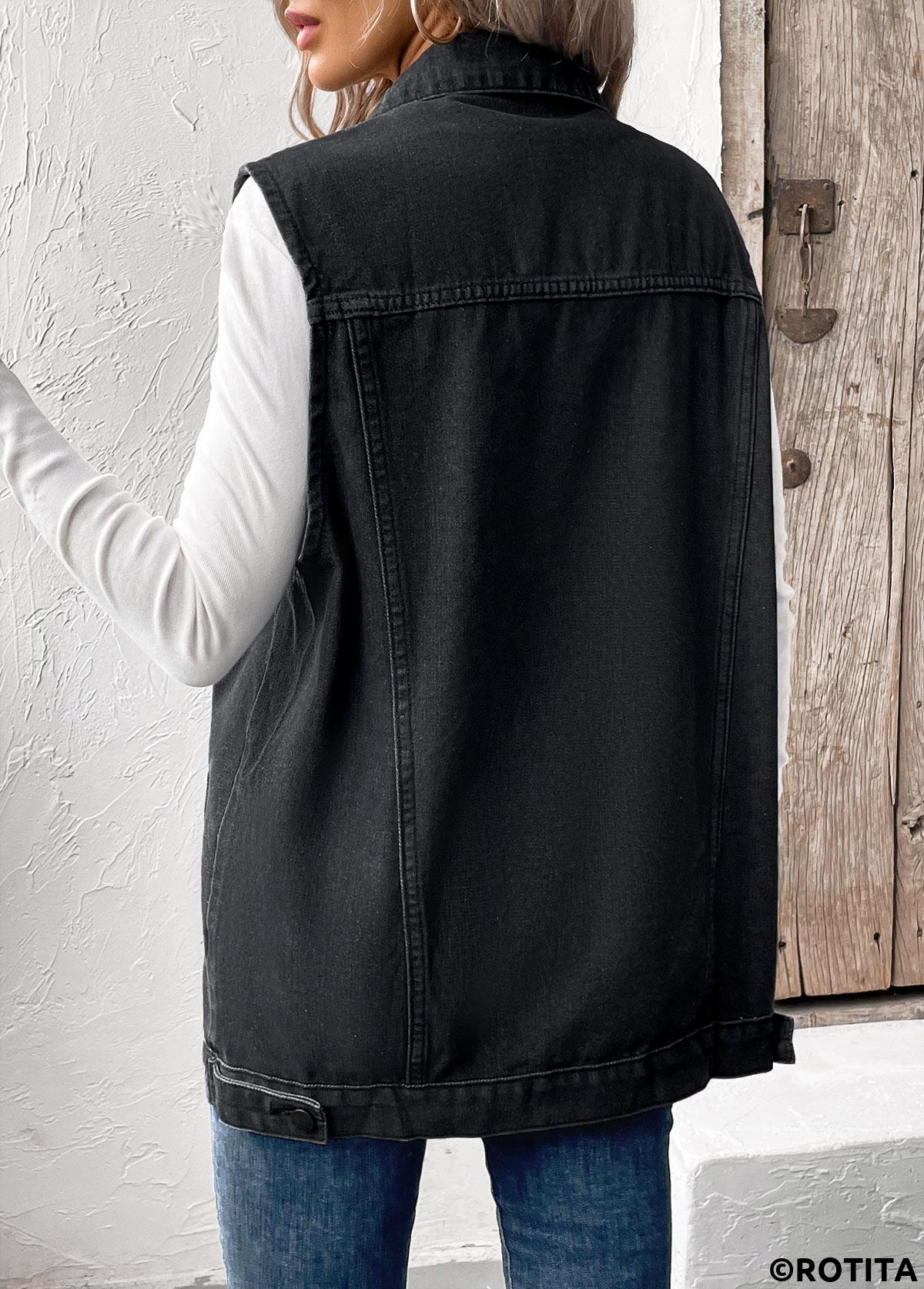 Button Black Turn Down Collar Sleeveless Waistcoat
