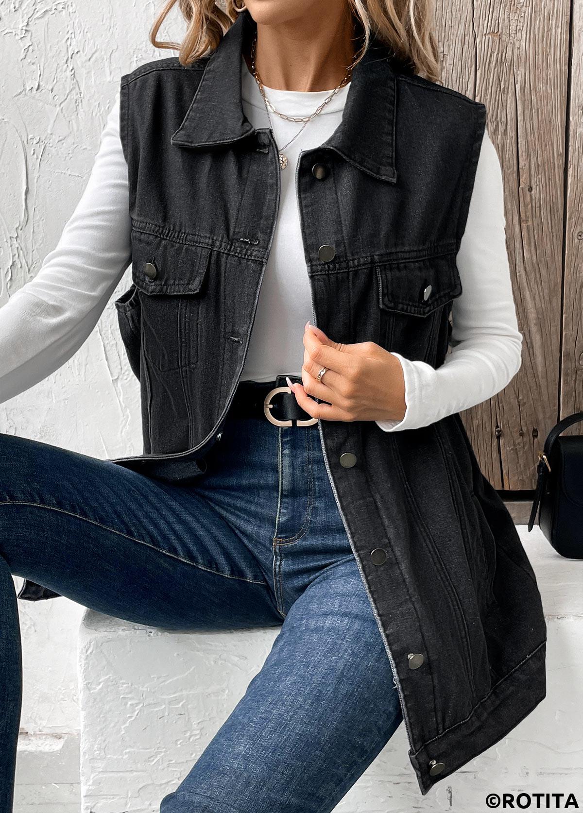 Button Black Turn Down Collar Sleeveless Waistcoat