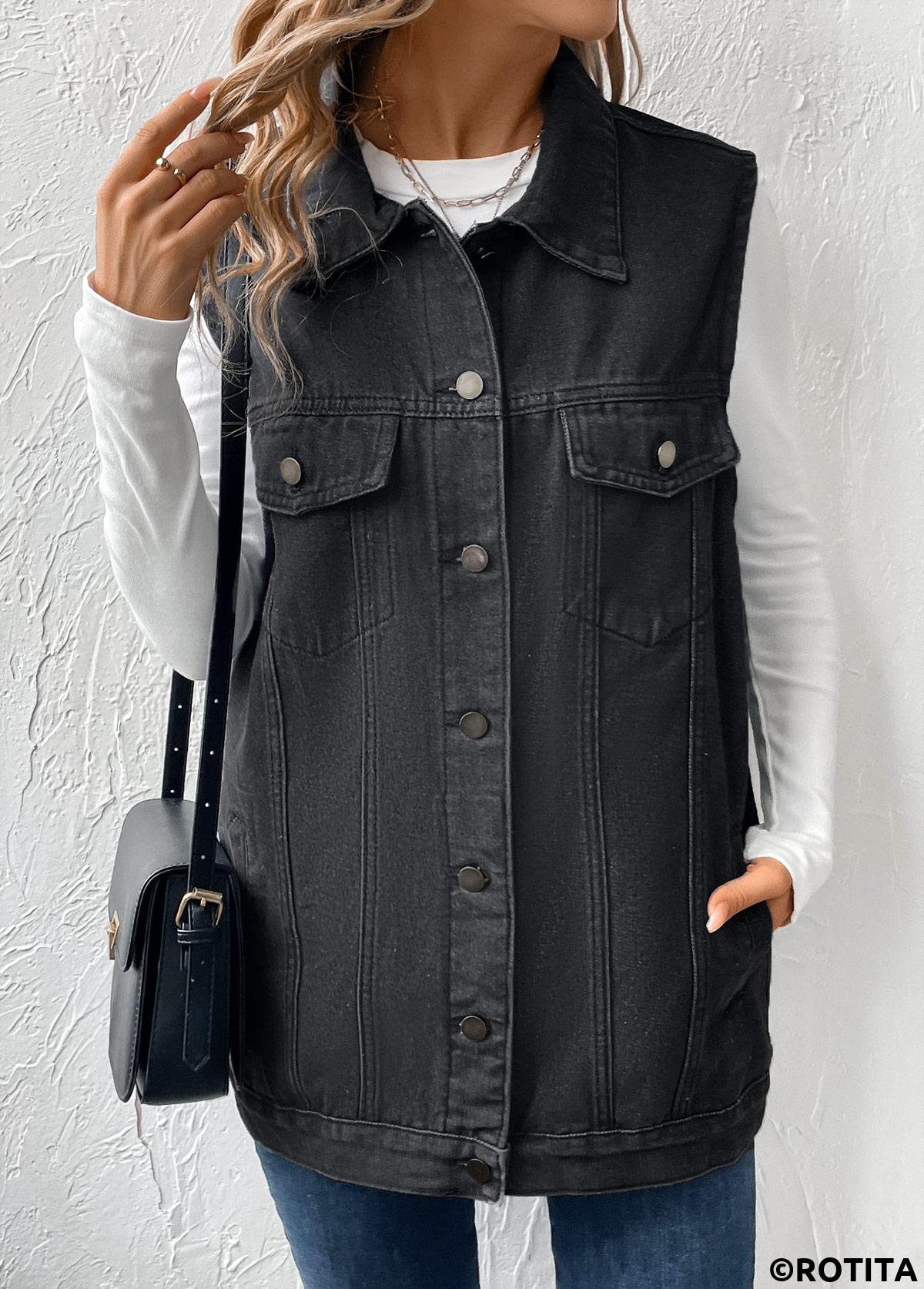 Button Black Turn Down Collar Sleeveless Waistcoat