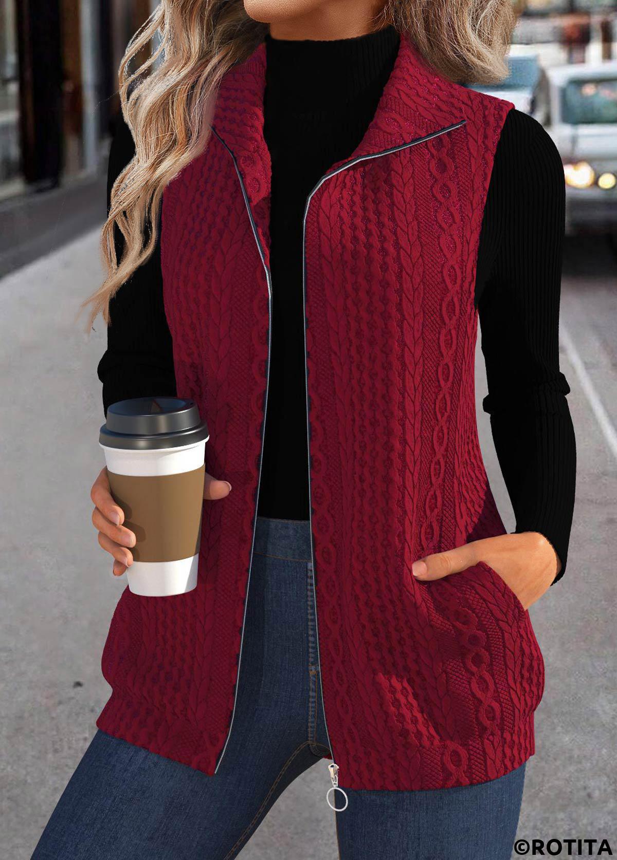 Wine Red tops,Plain Color tops,ROTITA Jacquard Wine Red Stand Collar Sleeveless Waistcoat