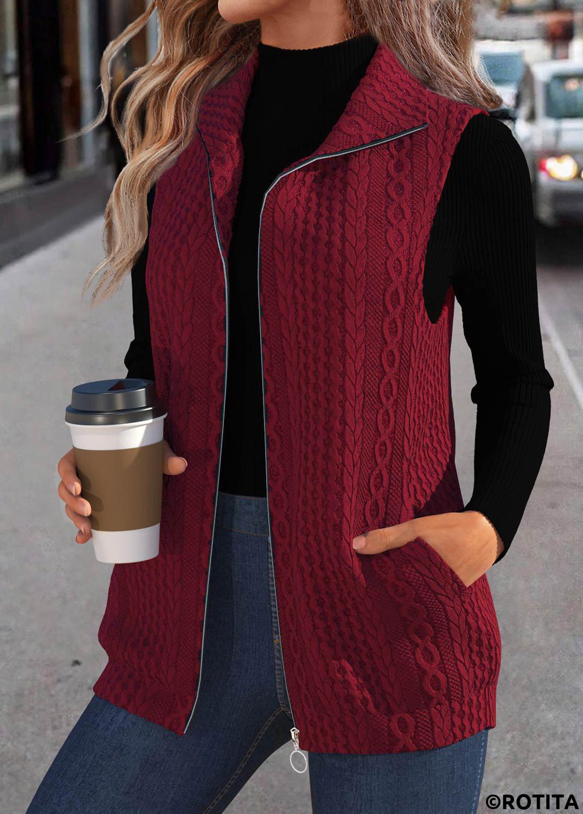 Wine Red tops,Plain Color tops,ROTITA Jacquard Wine Red Stand Collar Sleeveless Waistcoat