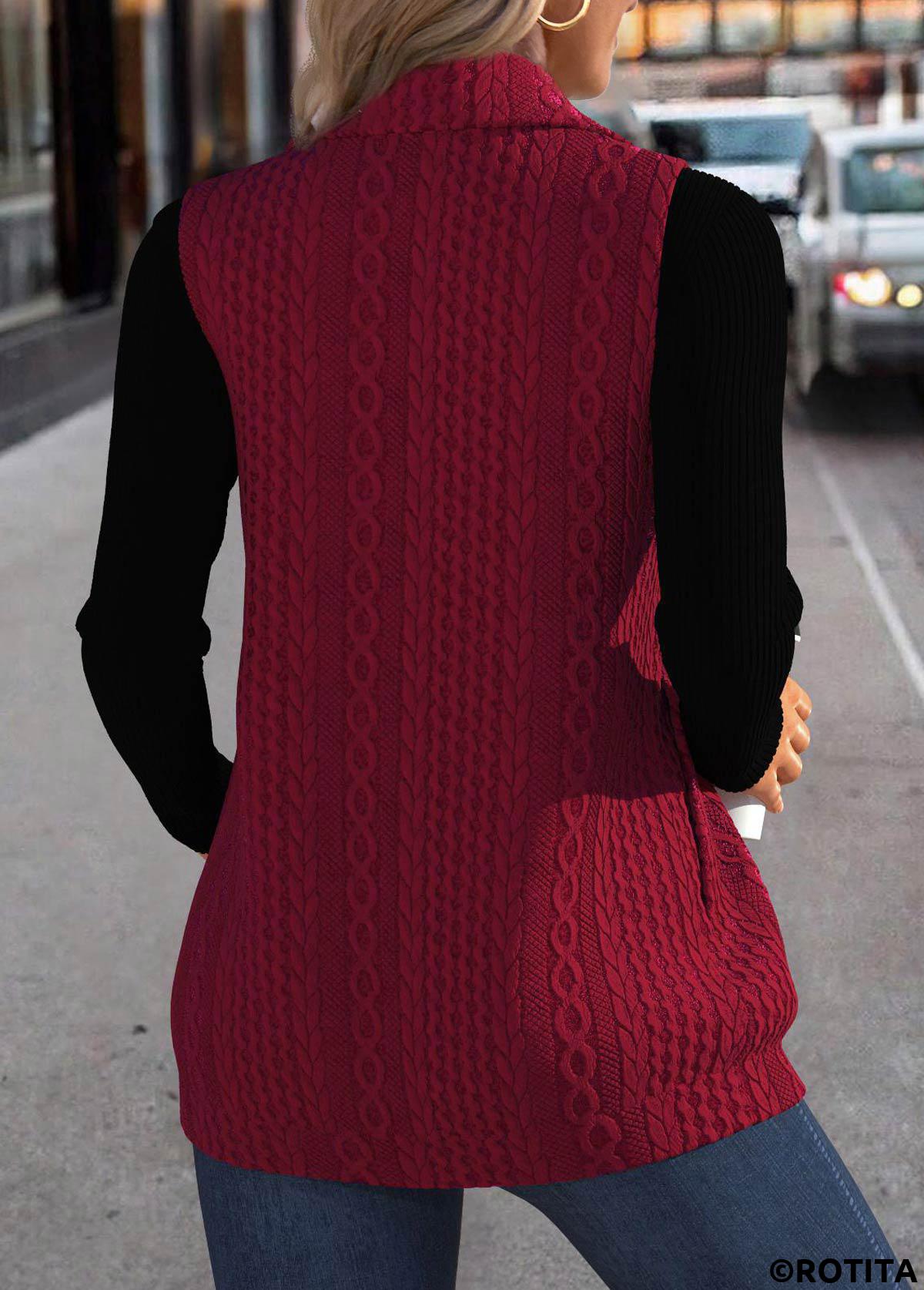 Wine Red tops,Plain Color tops,ROTITA Jacquard Wine Red Stand Collar Sleeveless Waistcoat