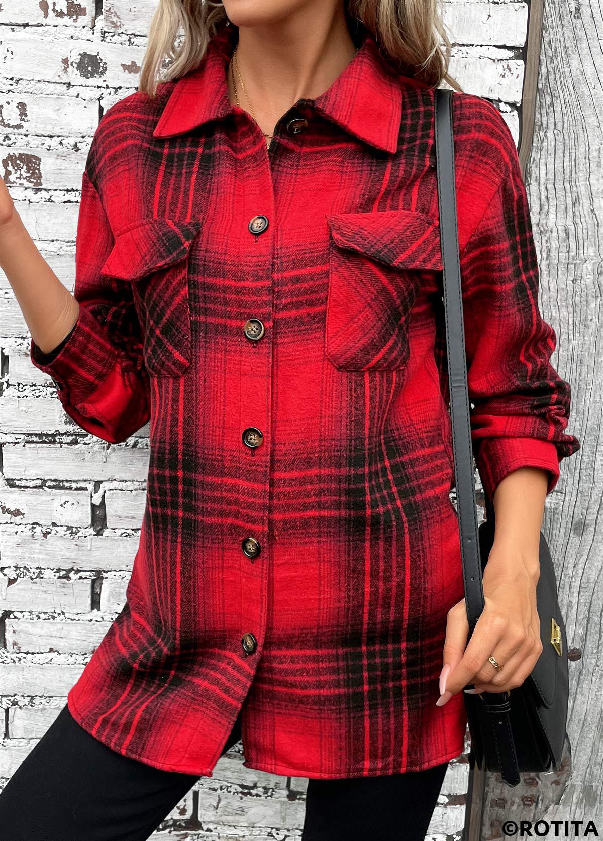 chemise à manches longues à col rabattu et carreaux rouges à boutons Rotita