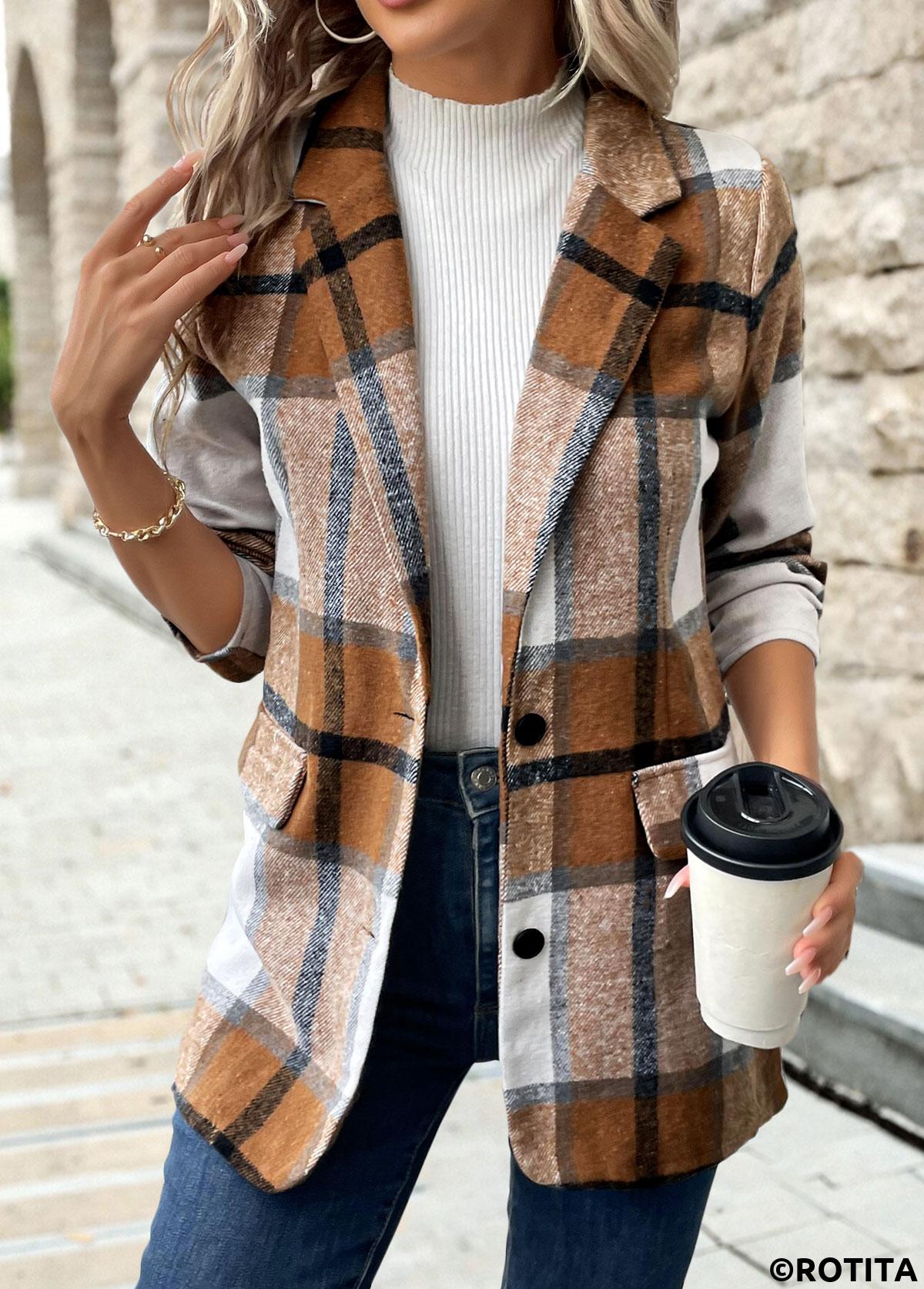 Dark Camel tops,Plaid tops,Button Plaid Dark Camel Lapel Long Sleeve Coat