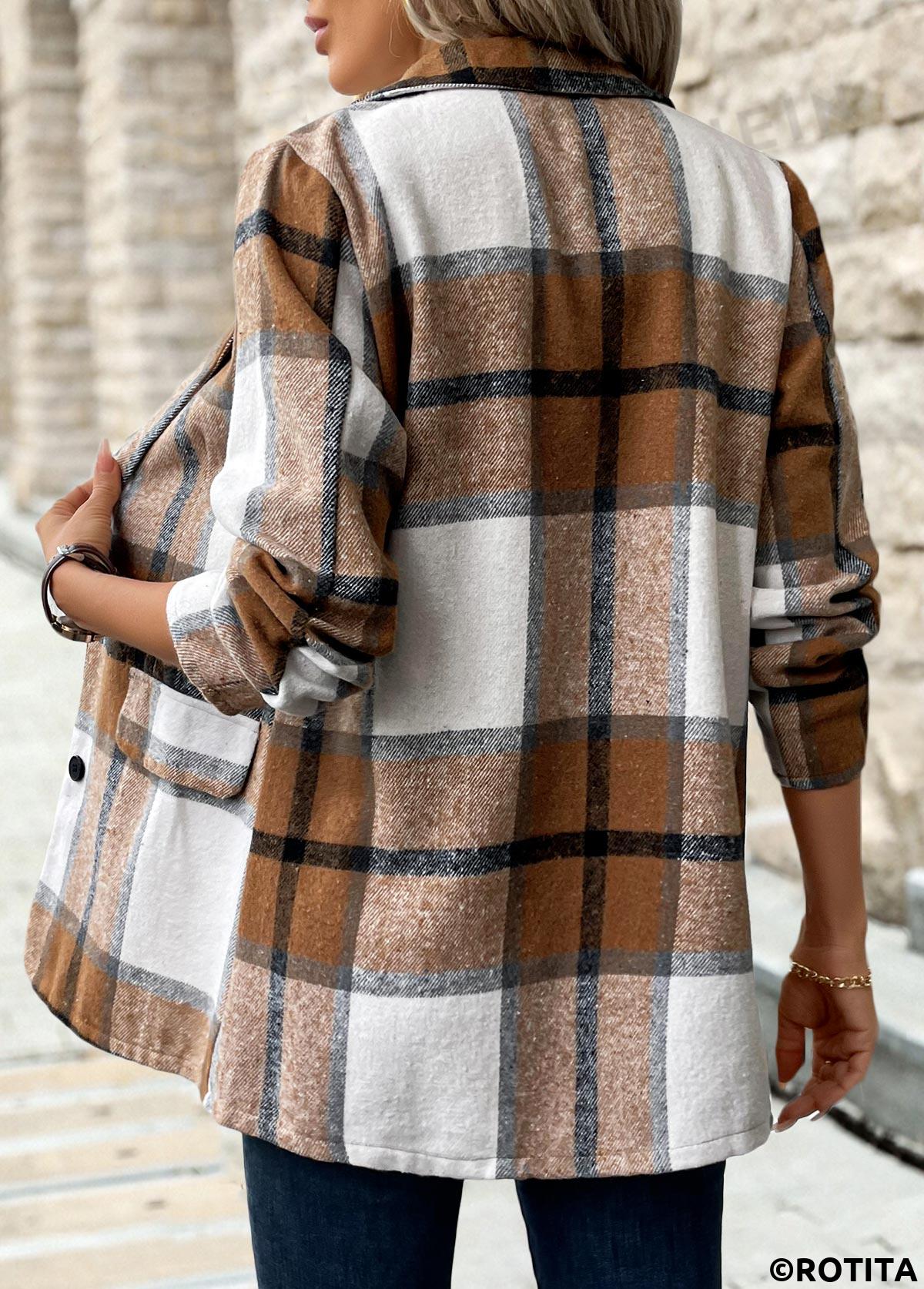 Dark Camel tops,Plaid tops,Button Plaid Dark Camel Lapel Long Sleeve Coat