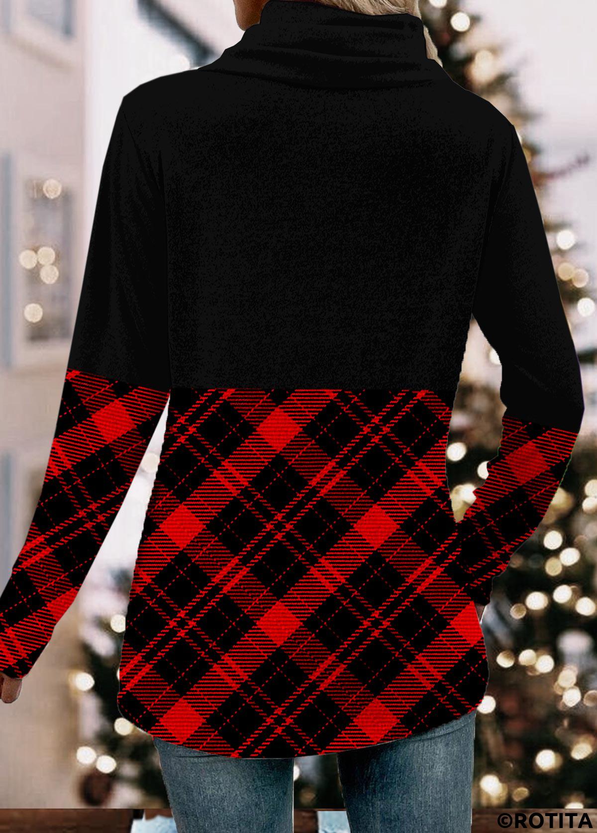 Rotita – Weihnachts-Patchwork-Sweatshirt in Schwarz mit asymmetrischem Ausschnitt und langen Ärmeln