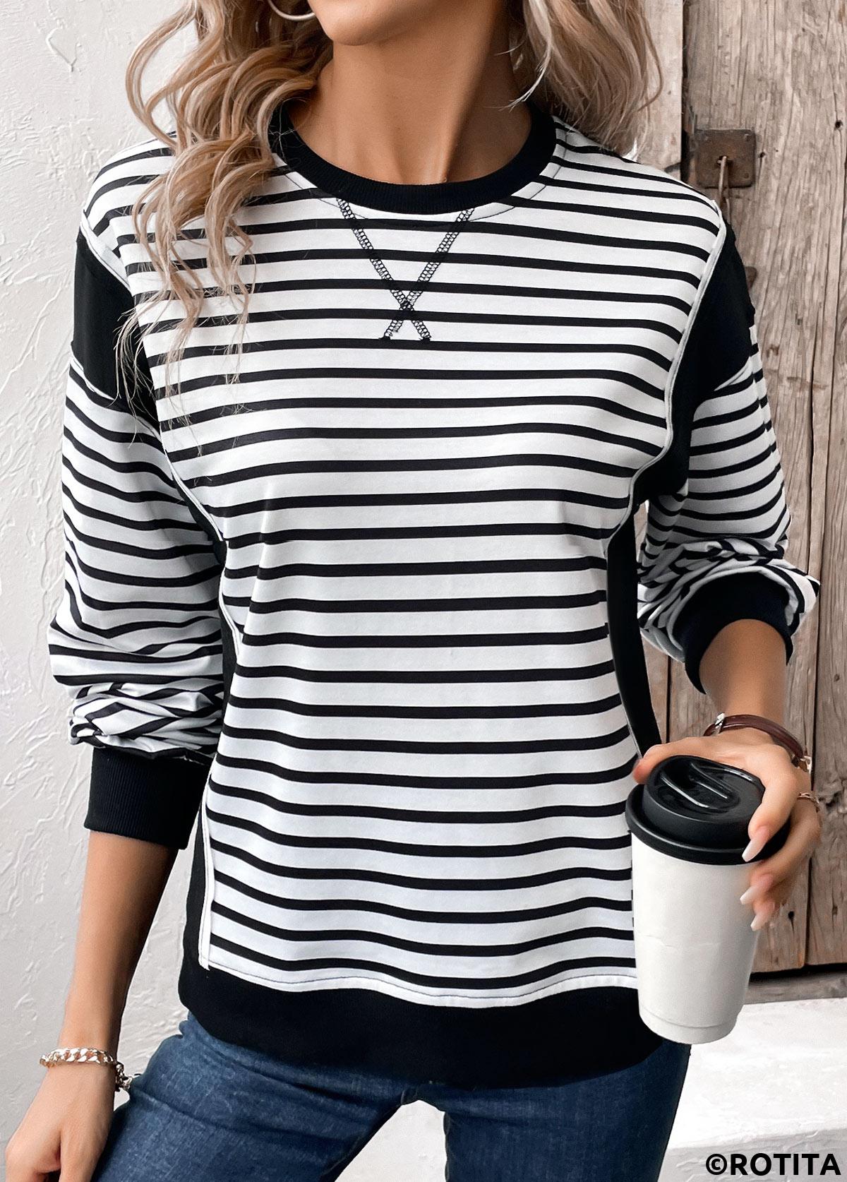 rotita patchwork rayé noir col rond sweat manches longues
