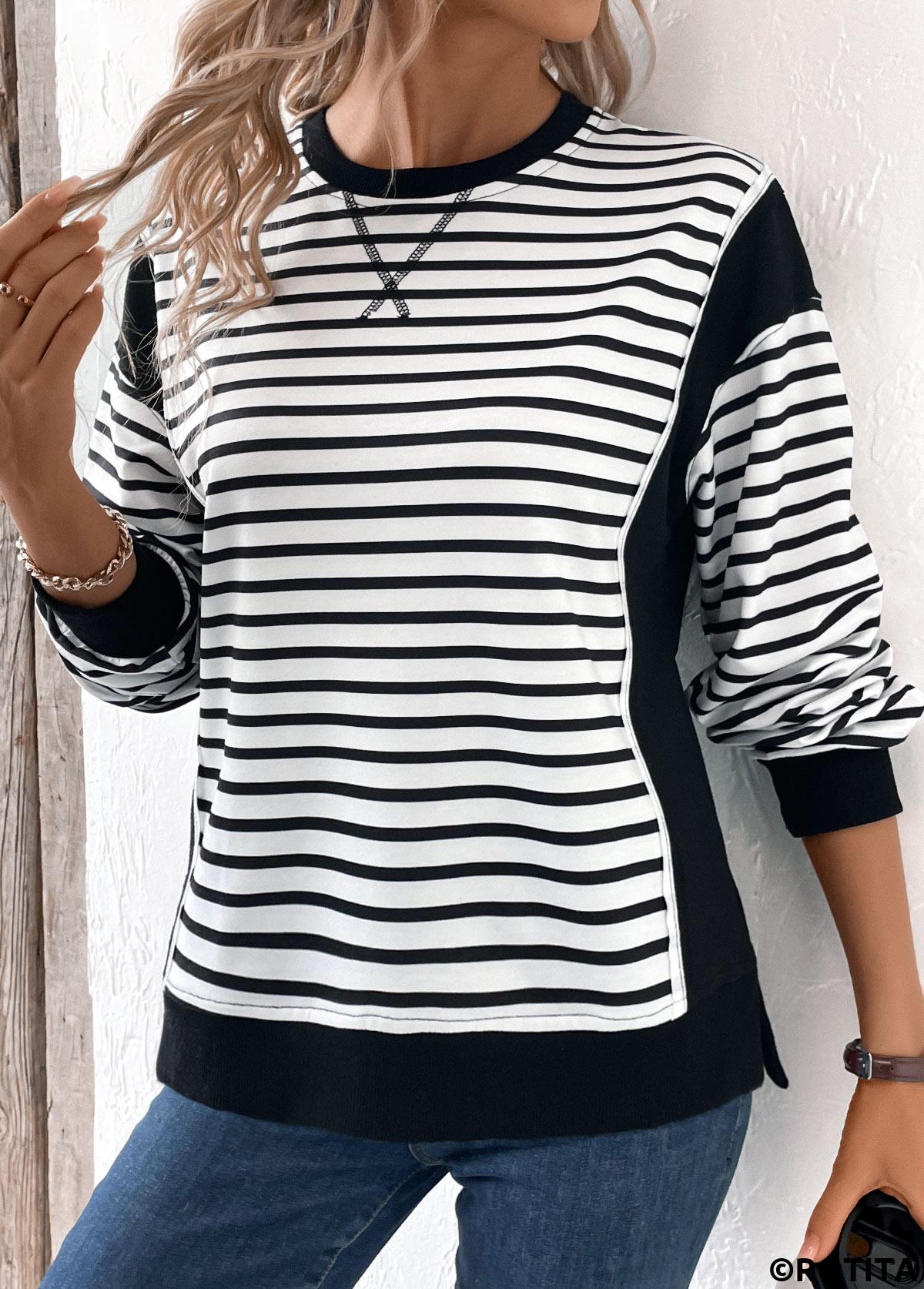rotita patchwork rayé noir col rond sweat manches longues