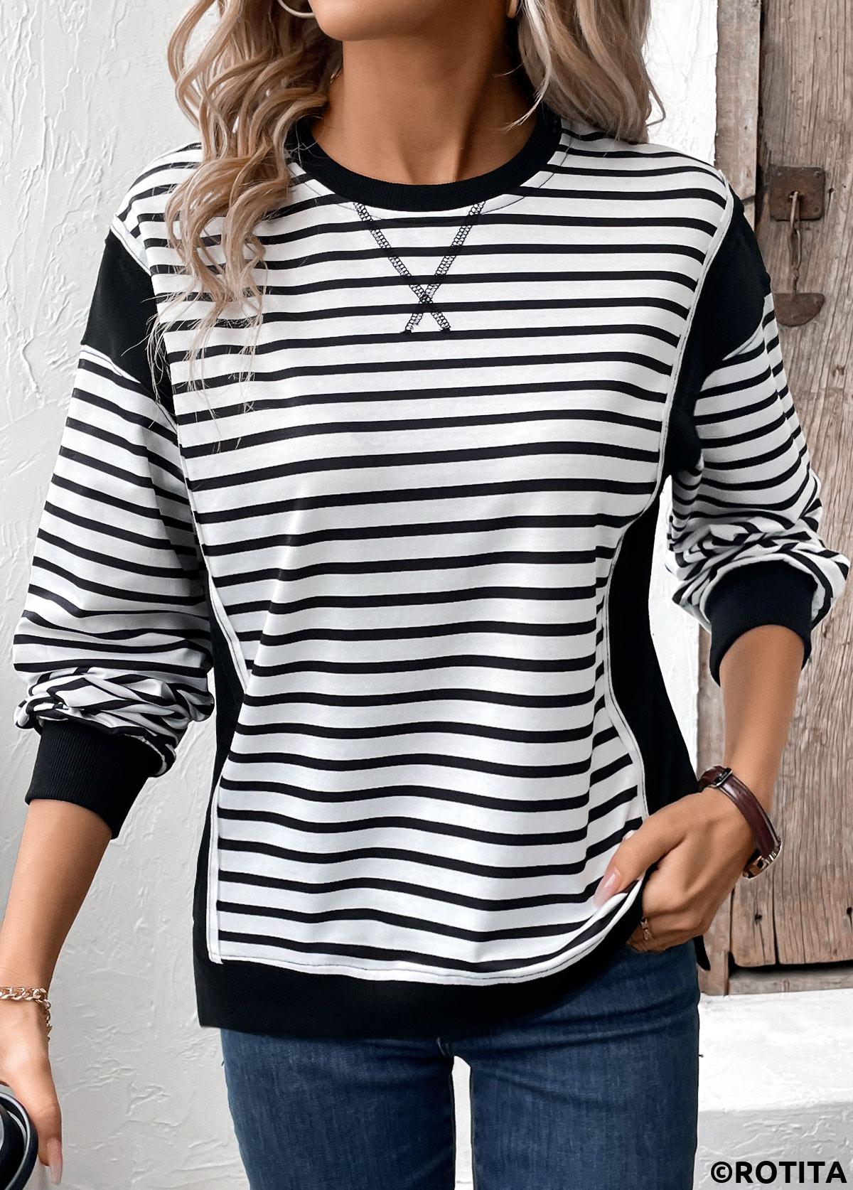 rotita patchwork rayé noir col rond sweat manches longues