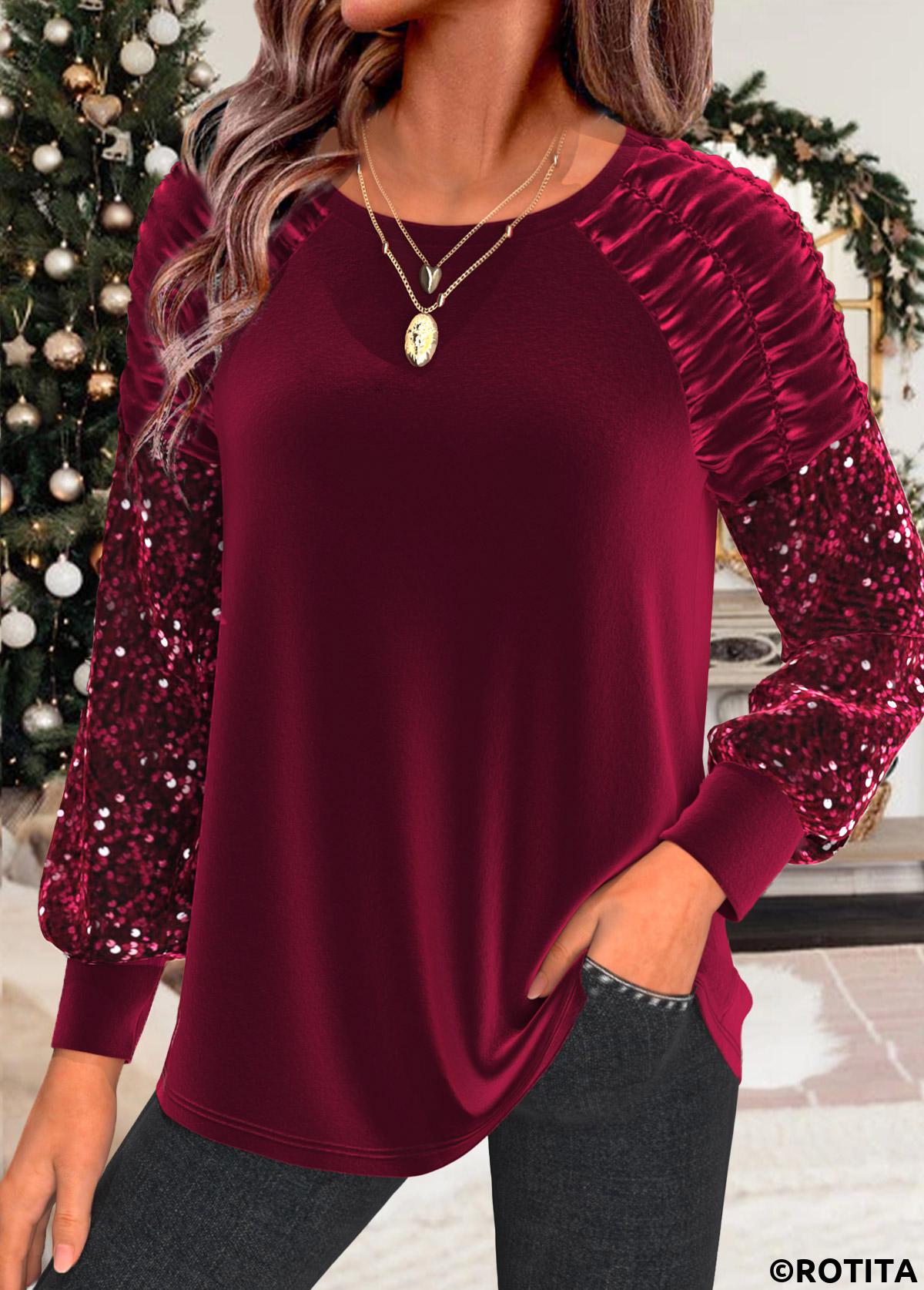 Wine Red tops,Plain Color tops,ROTITA Christmas Ruched Wine Red Long Sleeve T Shirt