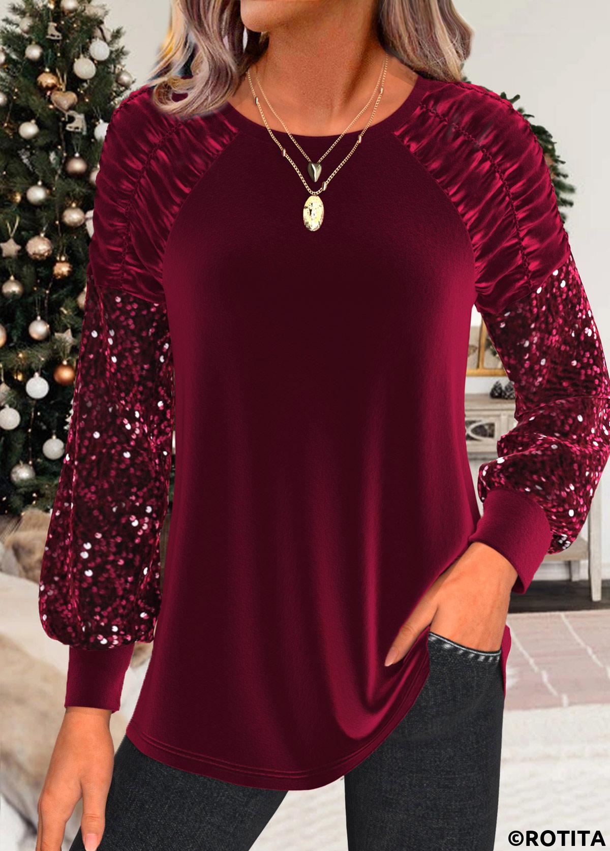 Wine Red tops,Plain Color tops,ROTITA Christmas Ruched Wine Red Long Sleeve T Shirt
