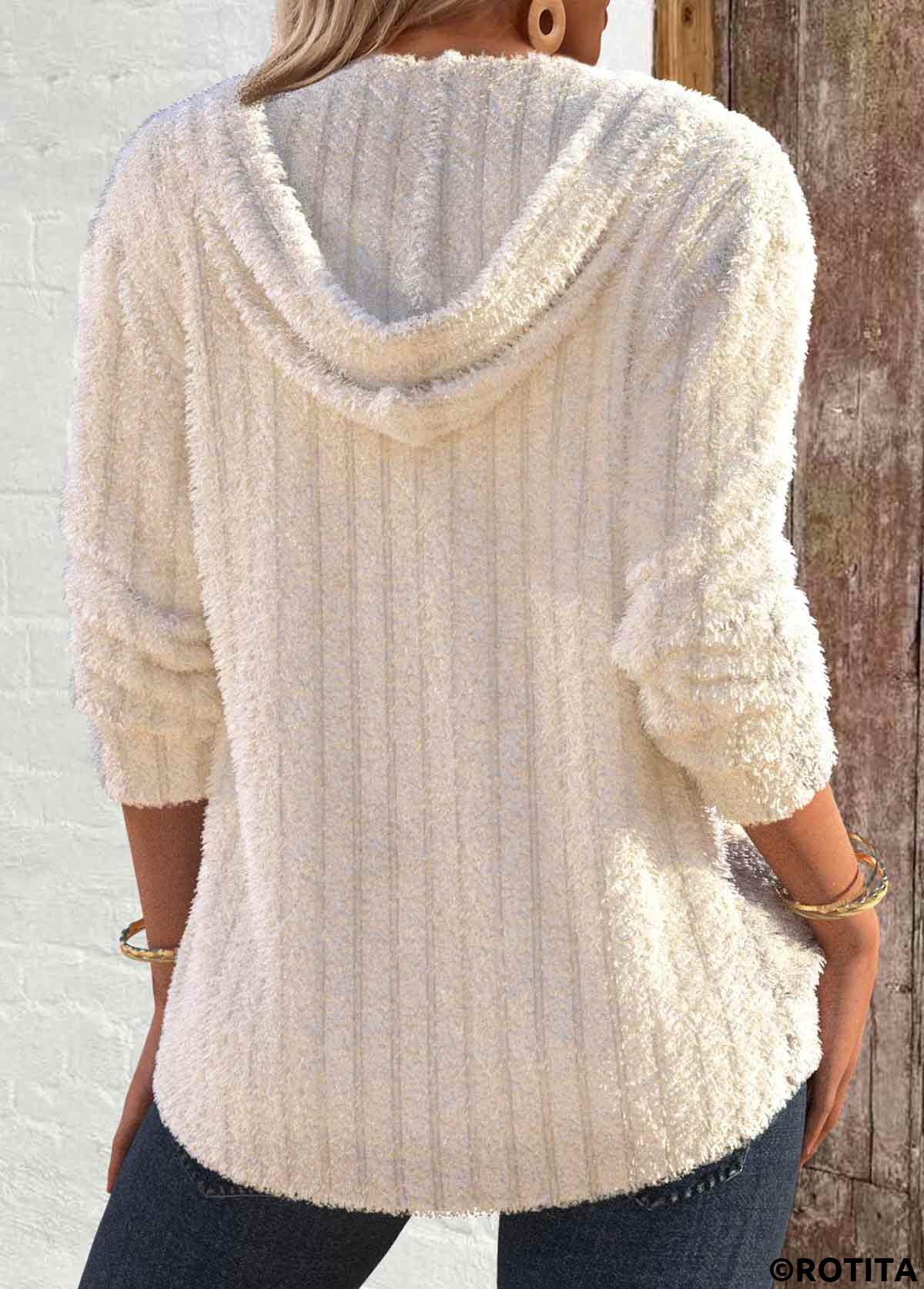 Sweat à capuche boutonné à manches longues en peluche beige Rotita