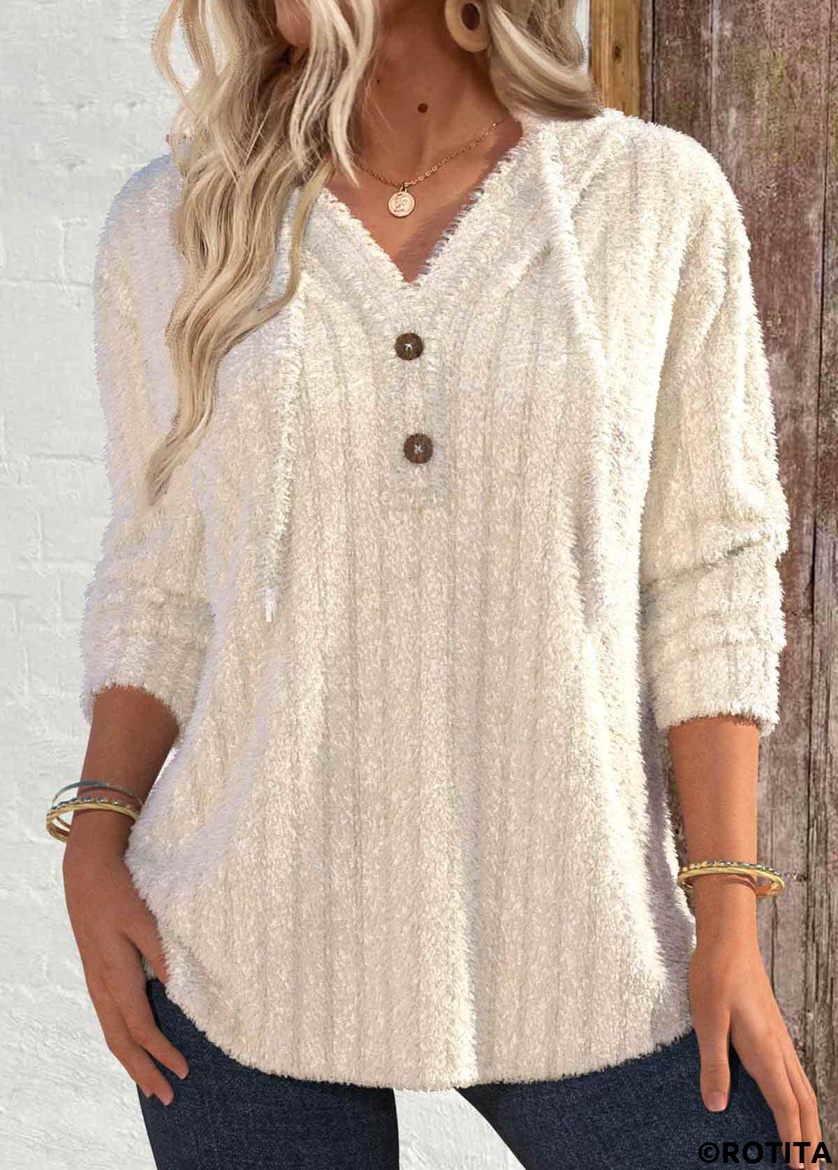 Sweat à capuche boutonné à manches longues en peluche beige Rotita