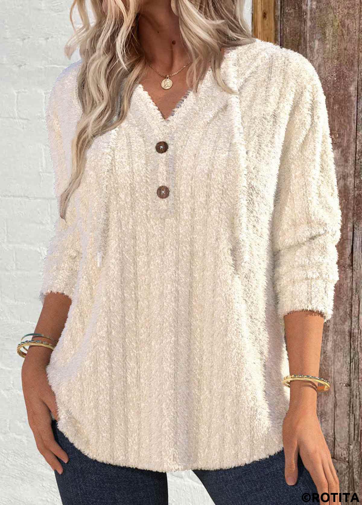 Sweat à capuche boutonné à manches longues en peluche beige Rotita