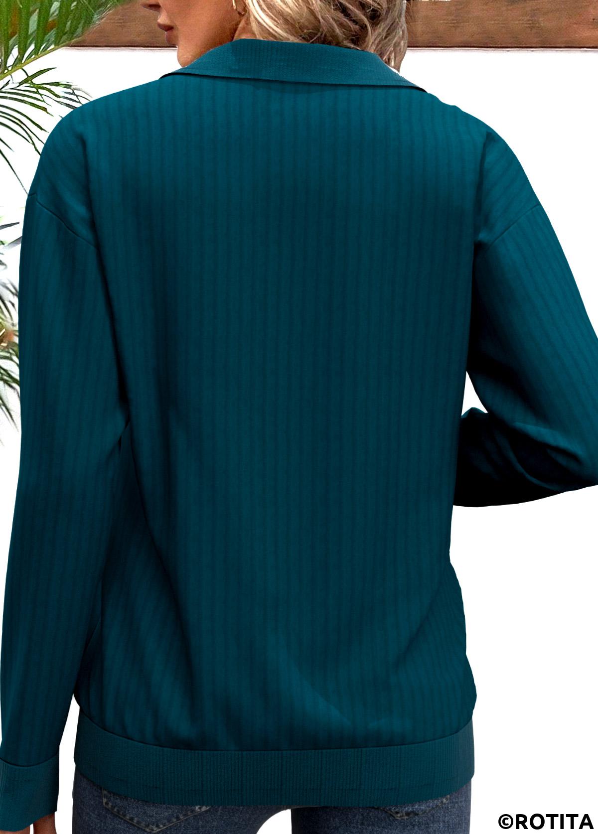 Türkises Sweatshirt mit Umlegekragen und Patchwork-Muster in Rotita-Optik mit Streifen