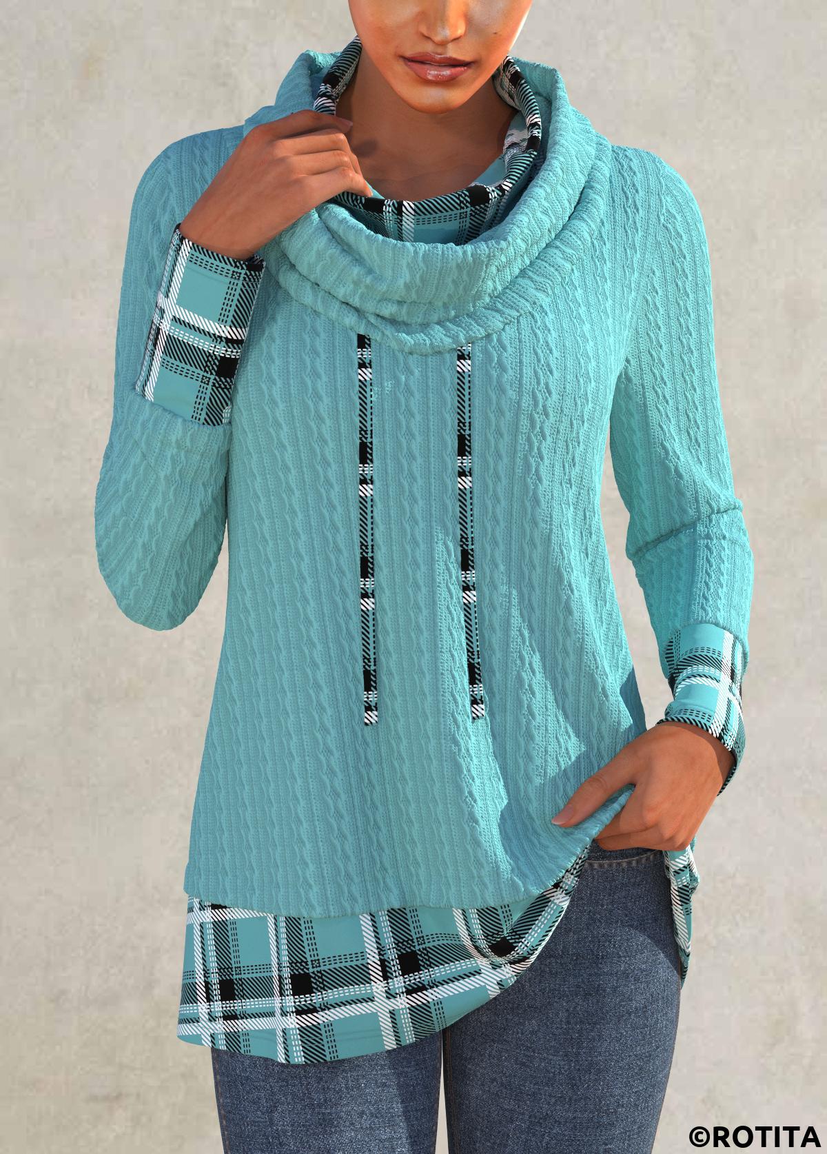 Mint Green tops,Plaid tops,ROTITA Patchwork Plaid Mint Green Cowl Neck Long Sleeve Sweatshirt