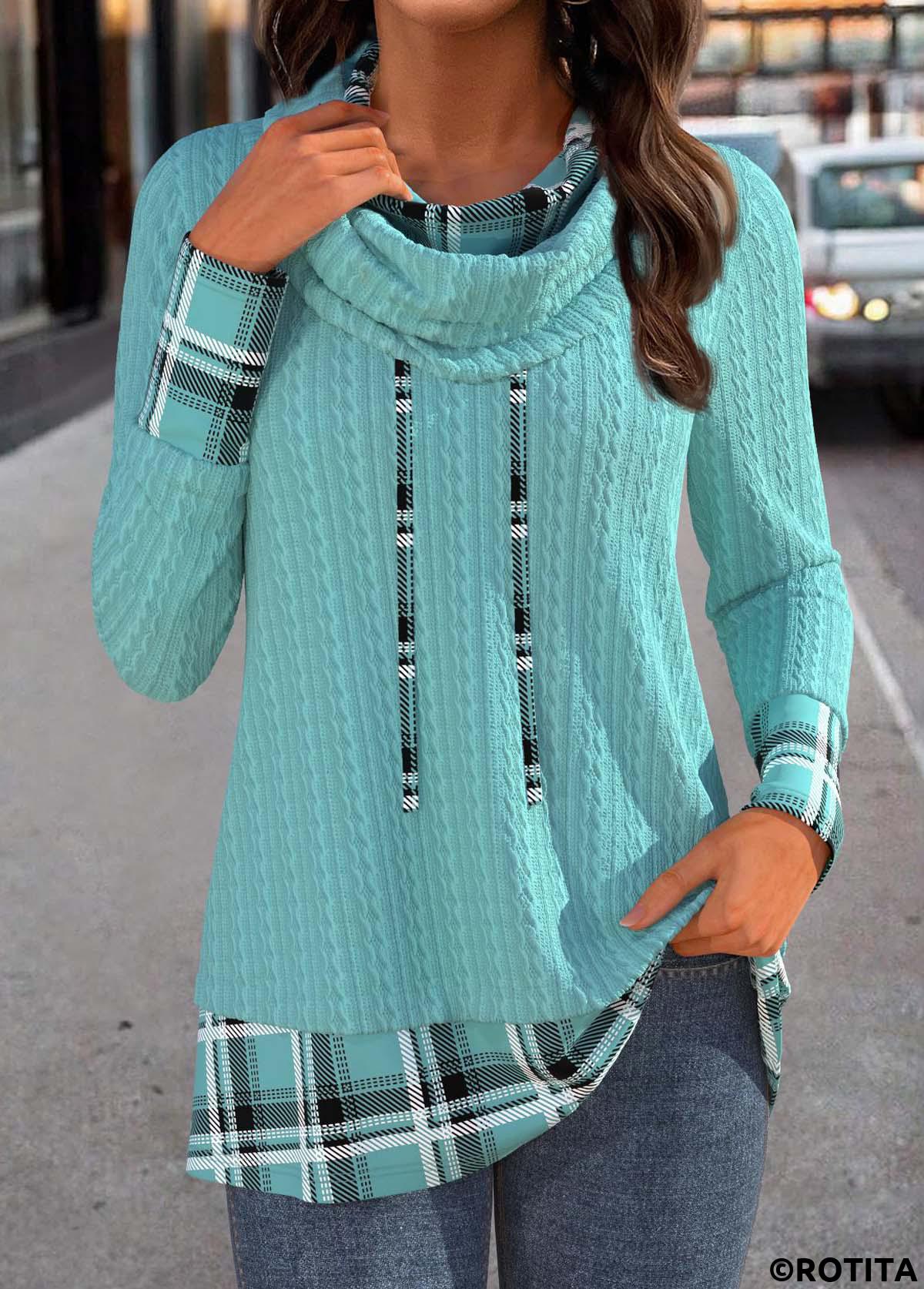 Mint Green tops,Plaid tops,ROTITA Patchwork Plaid Mint Green Cowl Neck Long Sleeve Sweatshirt