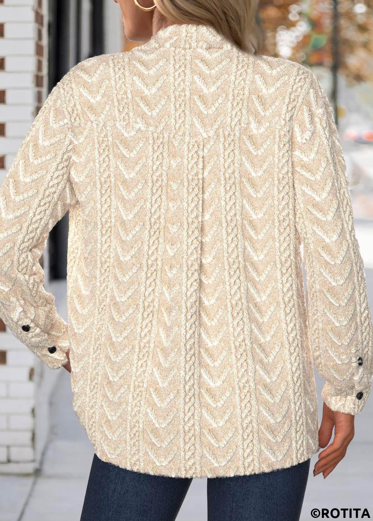 Beige tops,Plain Color tops,ROTITA Button Beige Turn Down Collar Long Sleeve Jacket