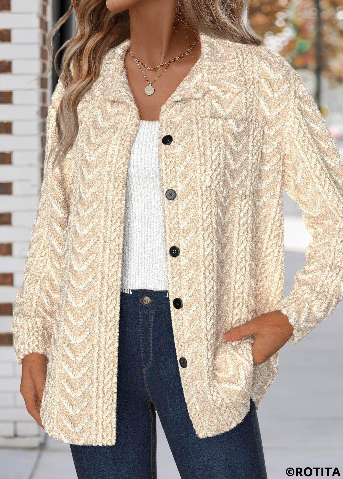 Beige tops,Plain Color tops,ROTITA Button Beige Turn Down Collar Long Sleeve Jacket