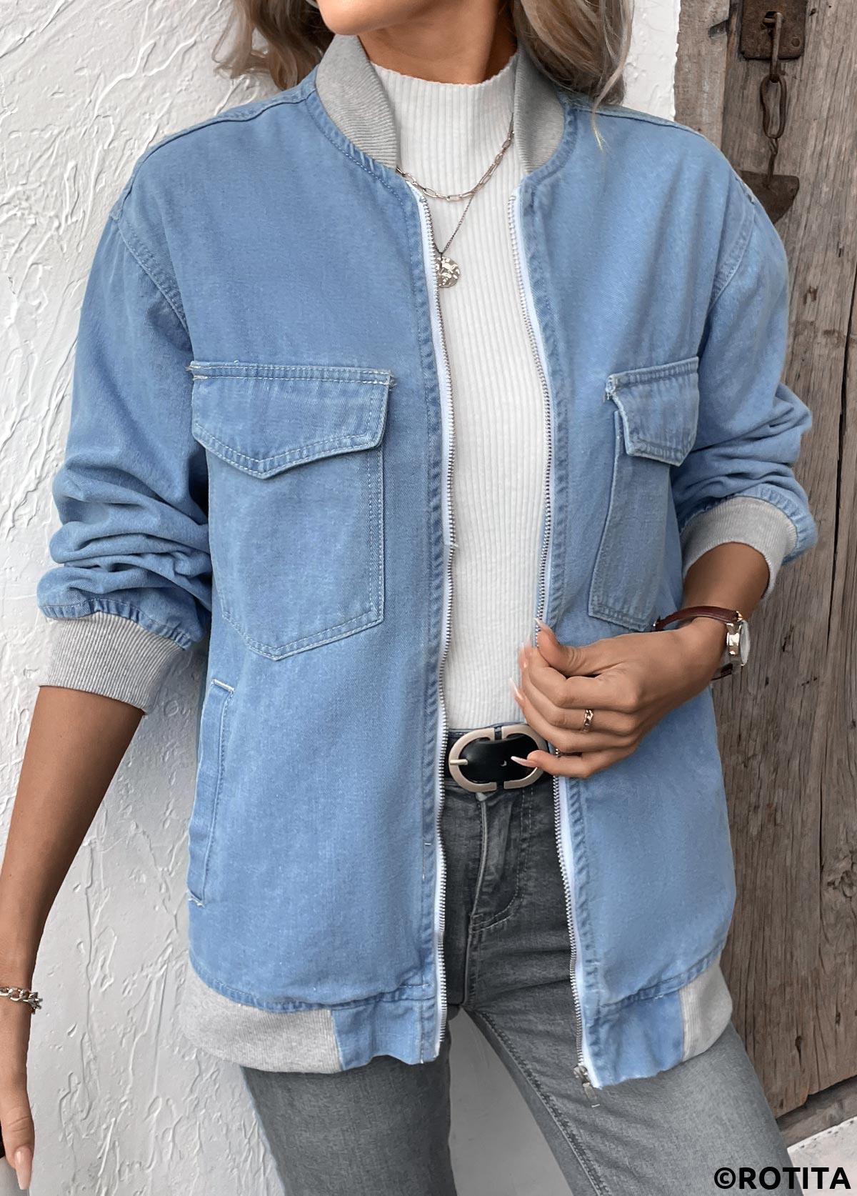 Denim Blue tops,Contrast Color tops,Long Sleeve Patchwork Denim Blue Jacket