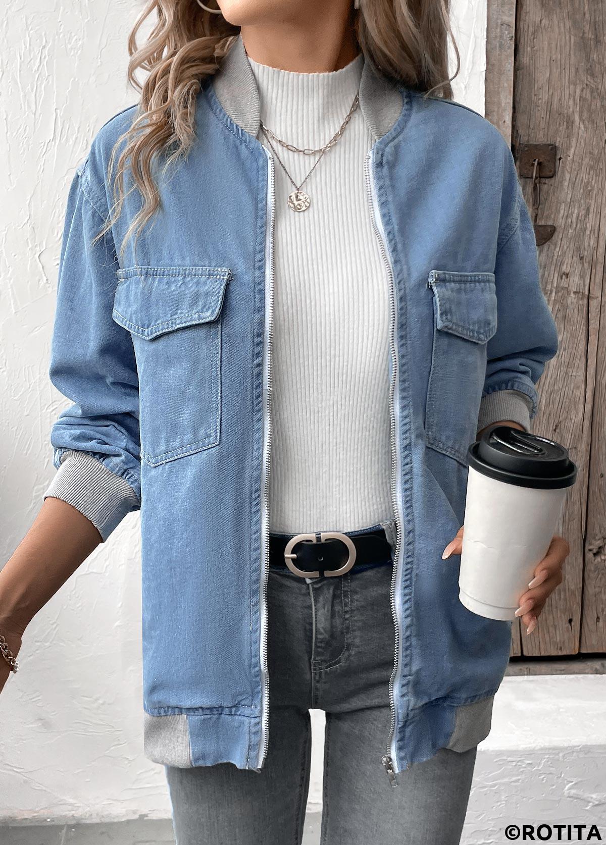 Denim Blue tops,Contrast Color tops,Long Sleeve Patchwork Denim Blue Jacket