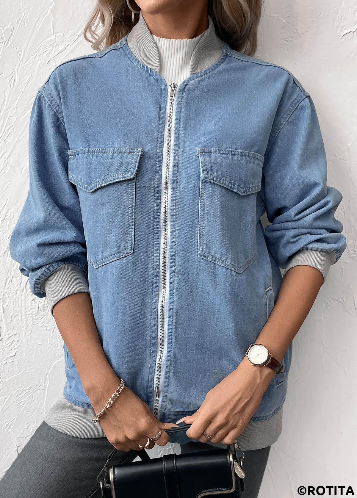 Denim Blue tops,Contrast Color tops,Long Sleeve Patchwork Denim Blue Jacket